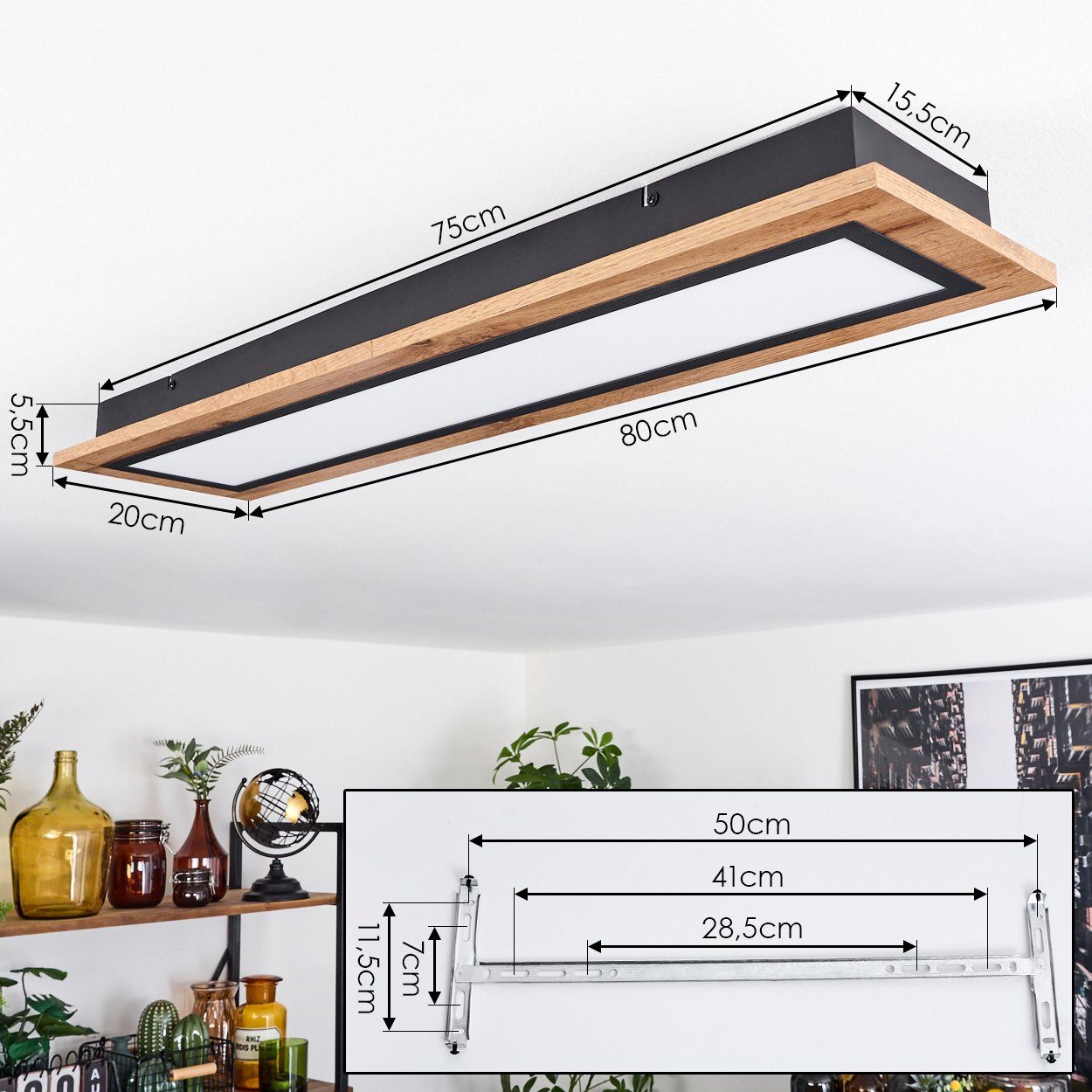 hofstein Deckenleuchte Deckenlampe aus Metall/MDF/Kunststoff in Schwarz/Holzoptik/Weiß, LED fest integriert, 3000 Kelvin, (80cmx 20cm), dimmbar über Fernbedienu – Bild 4 von 5