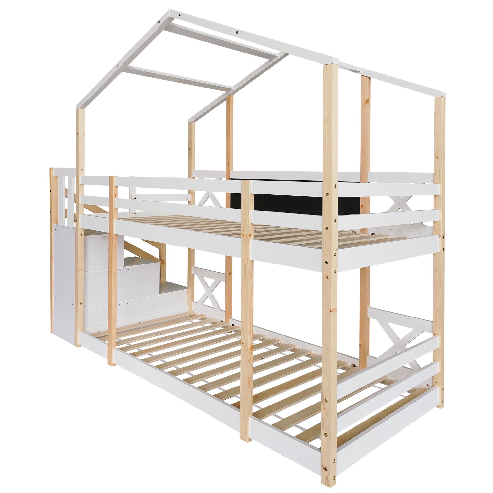 Etagenbett (Kinderbett), Hochbett mit Rausfallschutz, 3 Schubladen und Lattenrost, 90x200cm