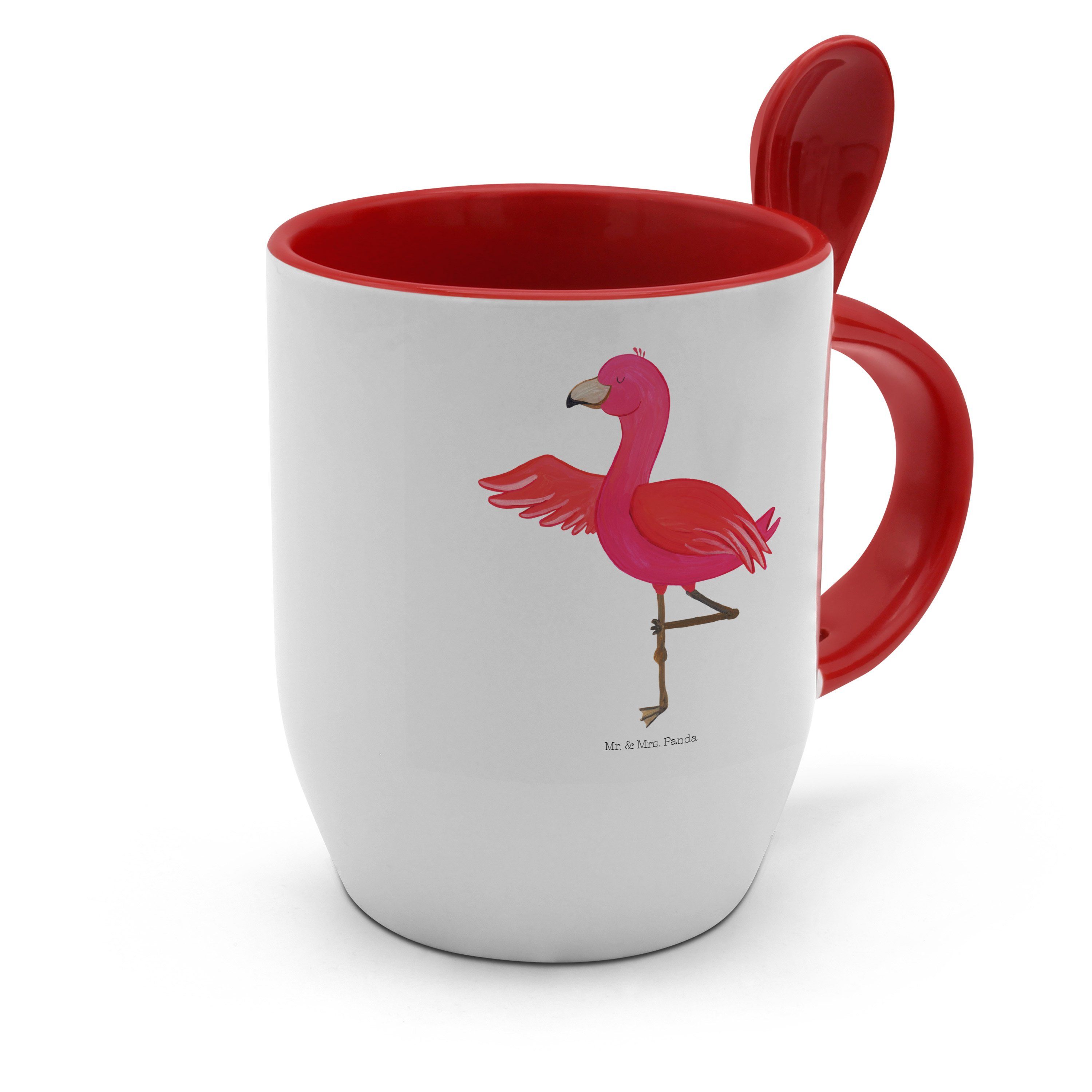 Mr. & Mrs. Panda Tasse Achtsamkeit, Löffel, Tasse Geschenk, Rosa, - Yoga Keramik - Weiß Flamingo mit