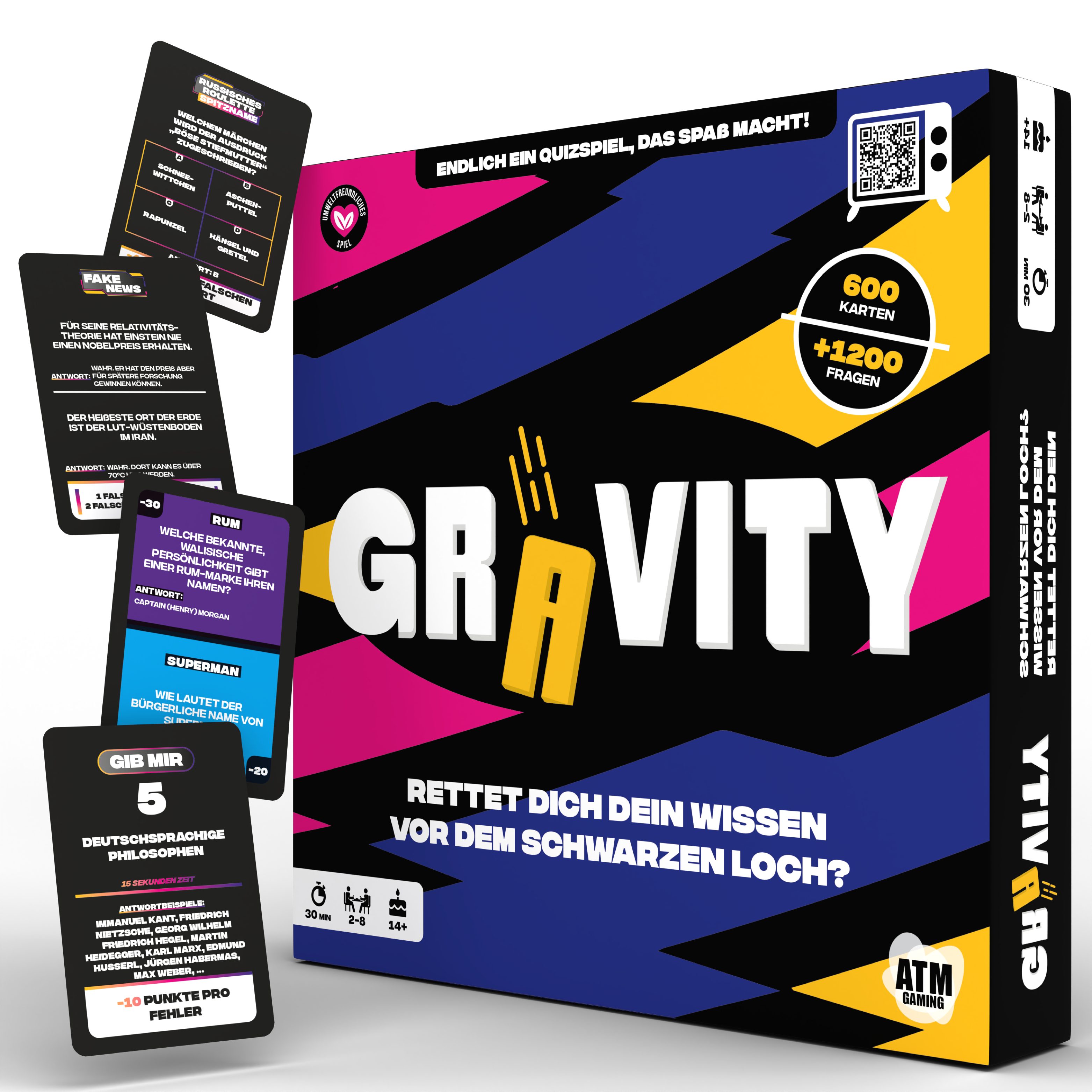 ATM Gaming Spiel Gravity - Das Wissensspiel, Wissensspiel, Quizspiel, Strategiespiel, Kartenspiel, Familienspiel, Gesellschaftsspiel, Brettspiel mit +1.200 Fragen zum Allgemeinwissen, Made in Germany