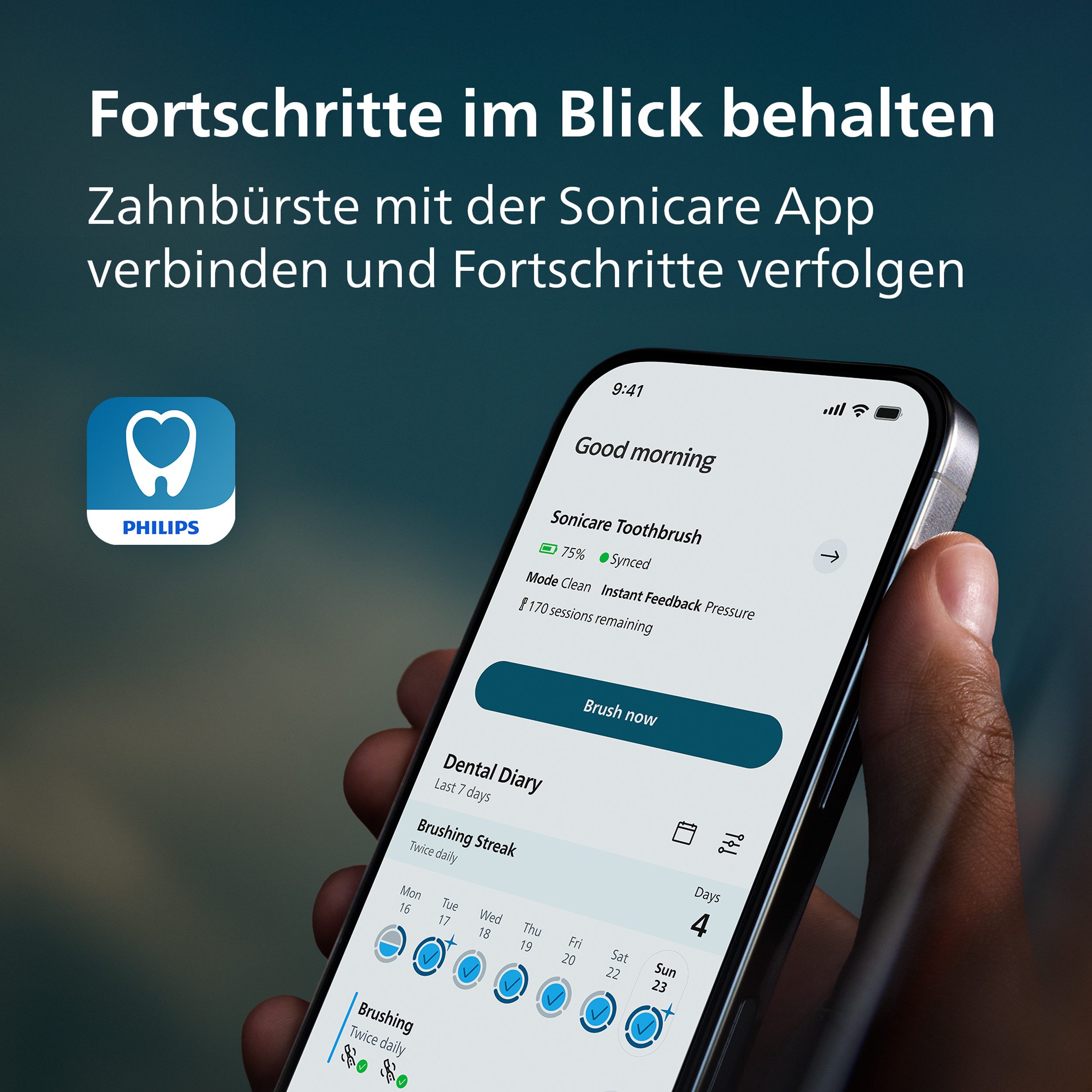 Philips Sonicare Elektrische Zahnbürste DiamondClean 9000 HX9213, Aufsteckbürsten: 1 St., mit Smart-Sensoren und 7 Putzprogrammen, inkl. Reiseladeetui – Bild 4 von 5
