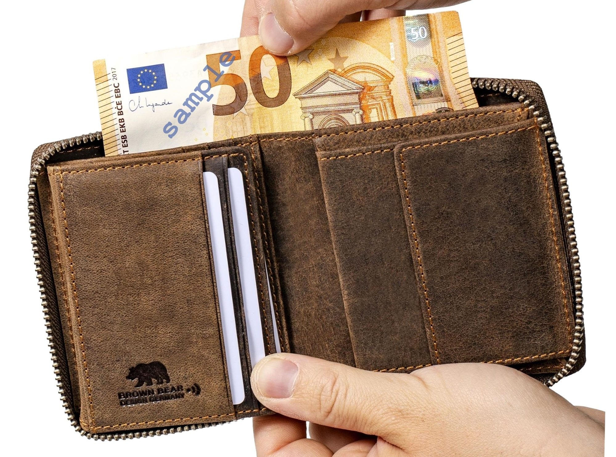 Brown Bear Geldbörse Modell Max umlaufender Reißverschluss kleineres Hochformat, mit 8 Kartenfächern und RFID Schutz Braun Vintage