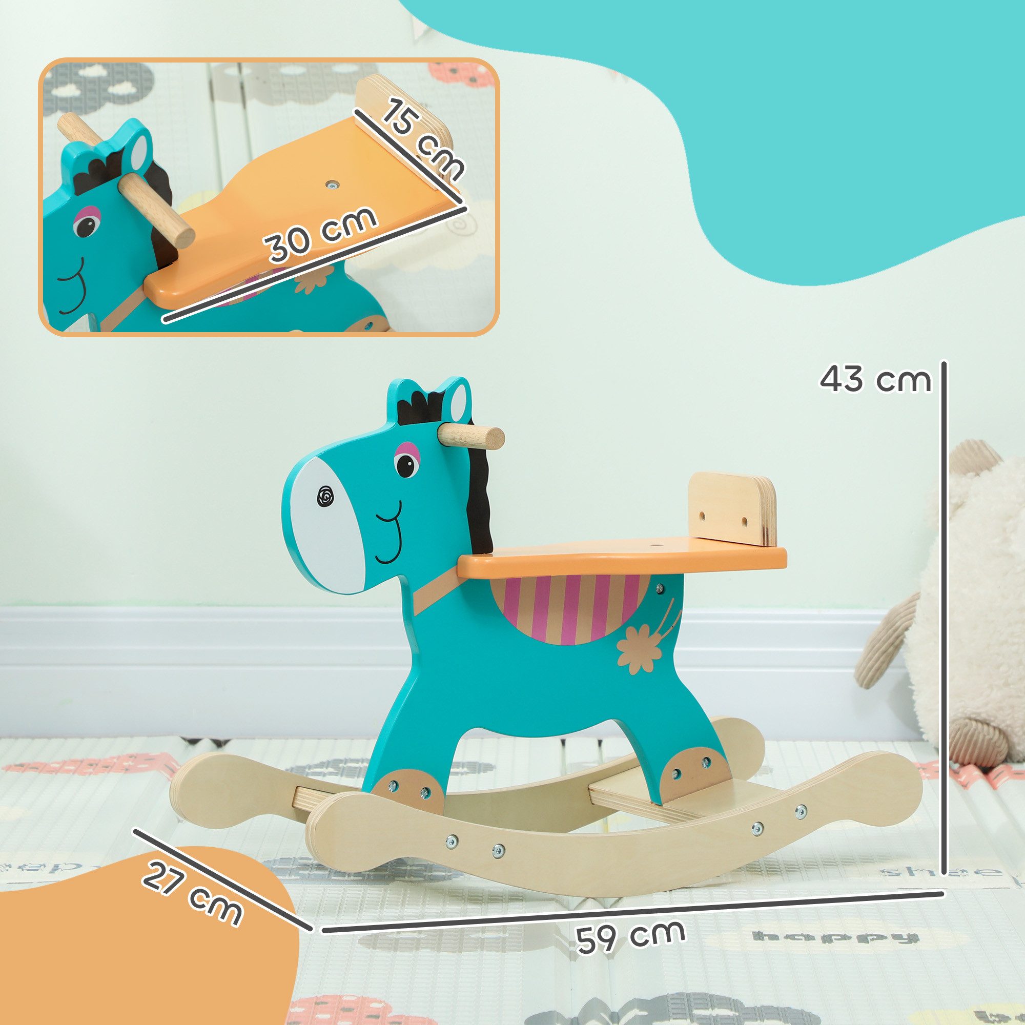 AIYAPLAY Schaukeltier Schaukelpferd Holz mit Haltegriffen Esel, (1 tlg), für Kinder von 2-5 Jahren, Dunkelgrün – Bild 3 von 5