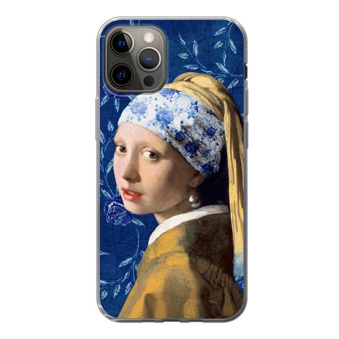 MuchoWow Handyhülle Mädchen mit Perlenohrring - Delfter Porzellan - Vermeer - Blumen - Handyhülle Apple iPhone 12 Pro Smartphone-Bumper Print Handy