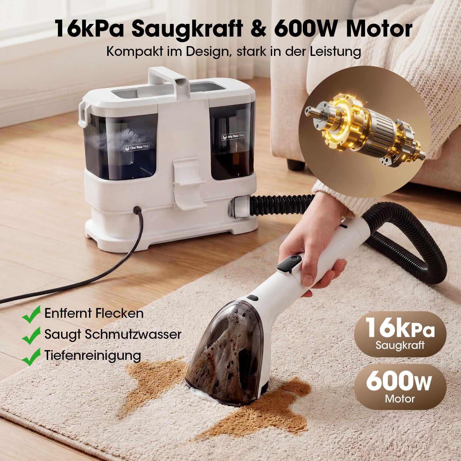 lubluelu Teppichreinigungsgerät V2 Teppichreiniger Waschsauger mit Heizfunktion Fleckenreiniger, 600 W, beutellos, mit 16000pa Saugkraft, für Sofas, Teppiche und Autositze
