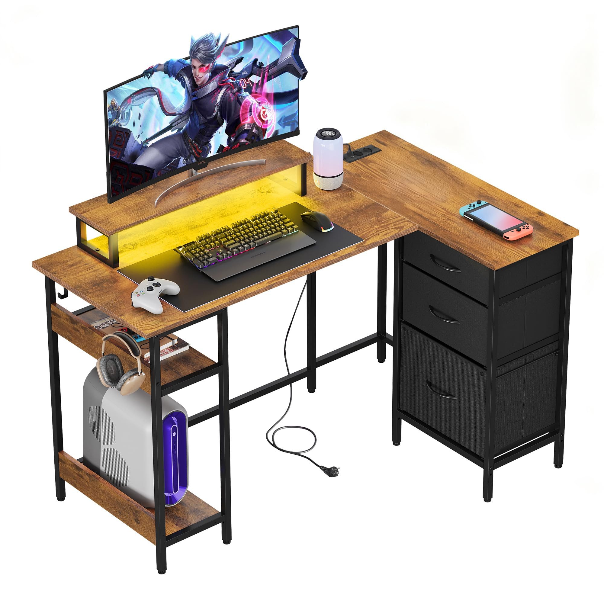 DEVAISE Computertisch Gamingtisch 111/120/140 x 80 cm Computertisch, L-förmiger Schreibtisch (Packung, Tablett mit Ständer), Computertisch mit LED, 2 USB und 2 AC-Steckdosen, für Büro