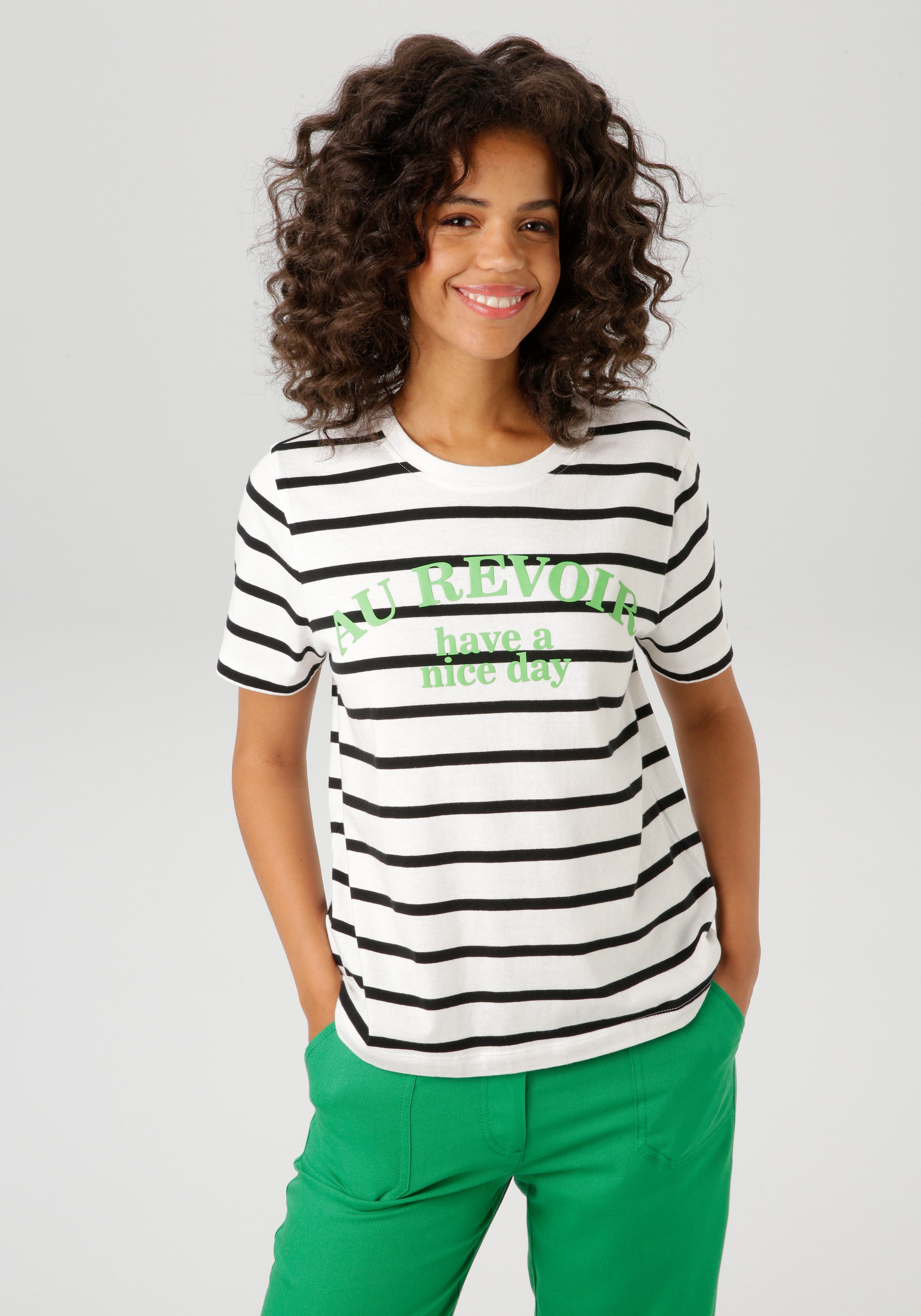 Aniston CASUAL T-Shirt im Streifen-Dessin mit Statement-Schriftzug