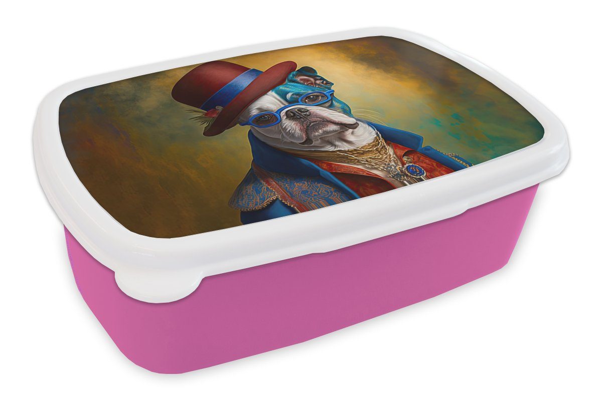 MuchoWow Lunchbox Hund - Porträt - Kleidung - Hut - Abstrakt, Kunststoff, (2-tlg), Brotbox für Erwachsene, Brotdose Kinder, Snackbox, Mädchen, Kunststoff rosa