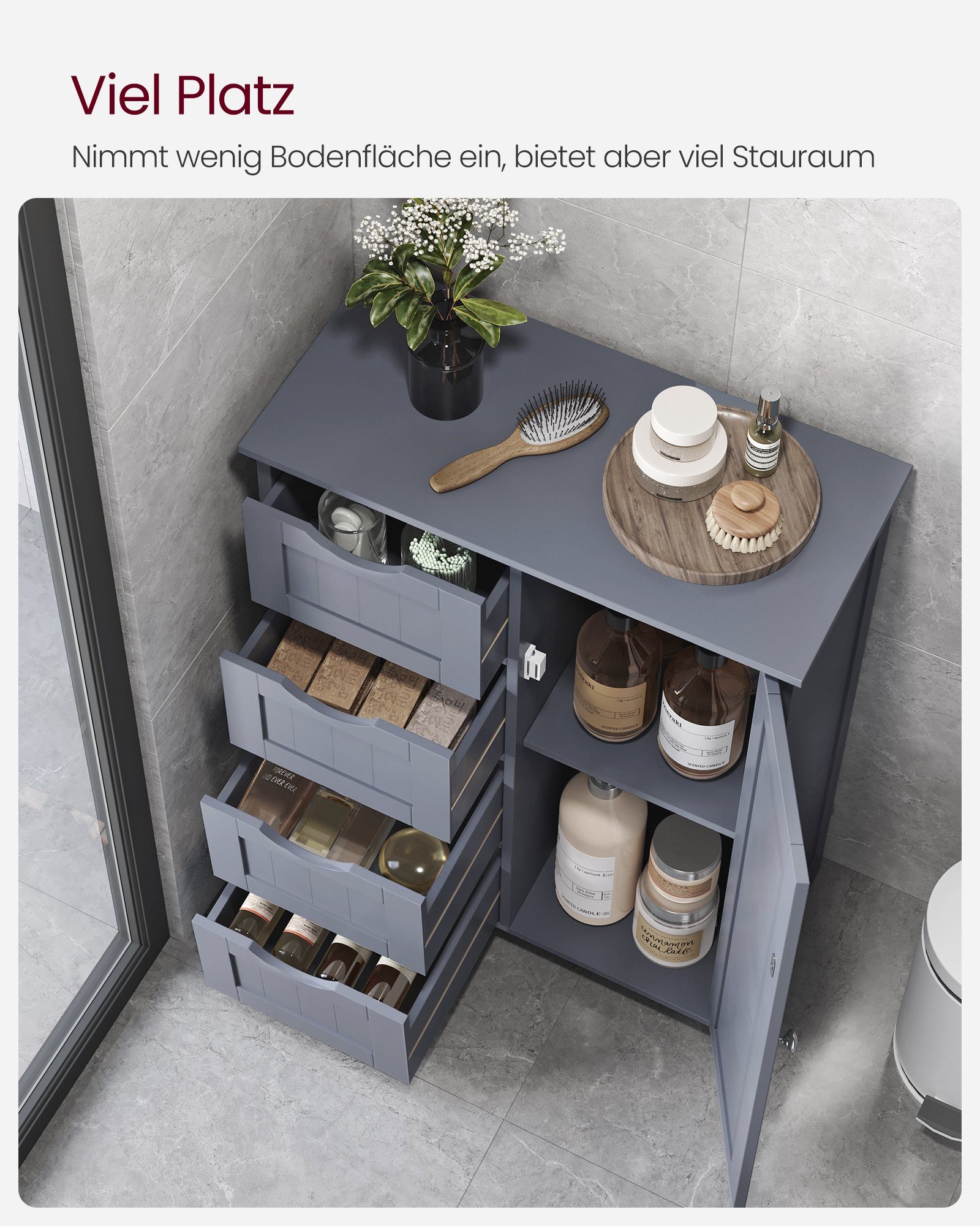 VASAGLE Badmöbel-Set Badezimmerschrank Badschrank Beistellschrank,verstellbare Ablage, mit 4 Schubladen, Schranktür, 30 x 55 x 82 cm, Kommode – Bild 3 von 5