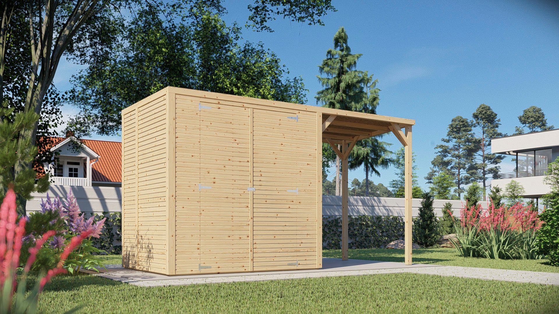 KONIFERA Gartenhaus Beno 2 PLUS Fineline Flachdach, BxT: 373x170 cm, mit Anbaudach