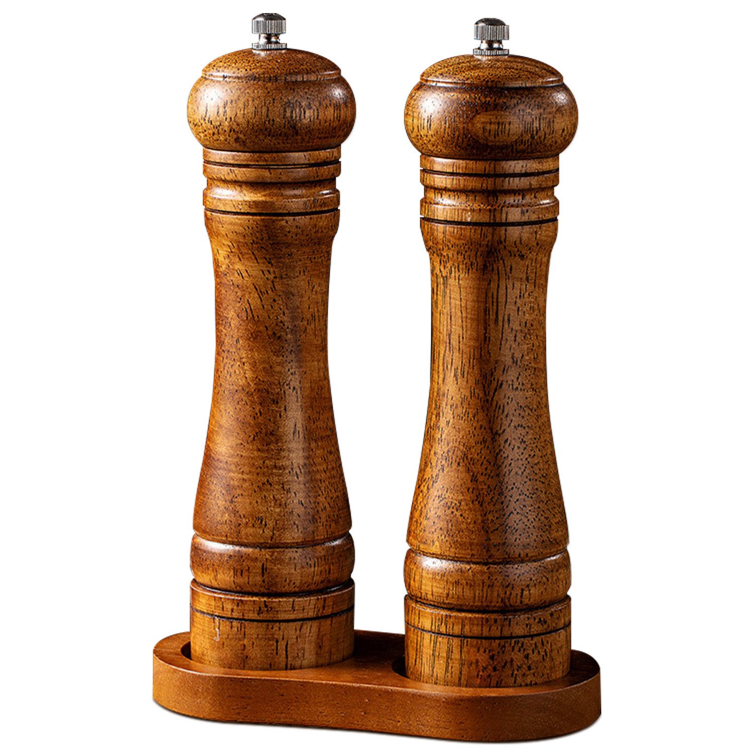 ANYSUN Salz-/Pfeffermühle Salz und Pfeffermühle aus Holz mit Untersetzer manuell, (2 Stück), Gewürzmühlen mit Langlebiges Keramikmahlwerk, Mahlstärken-Einstellung