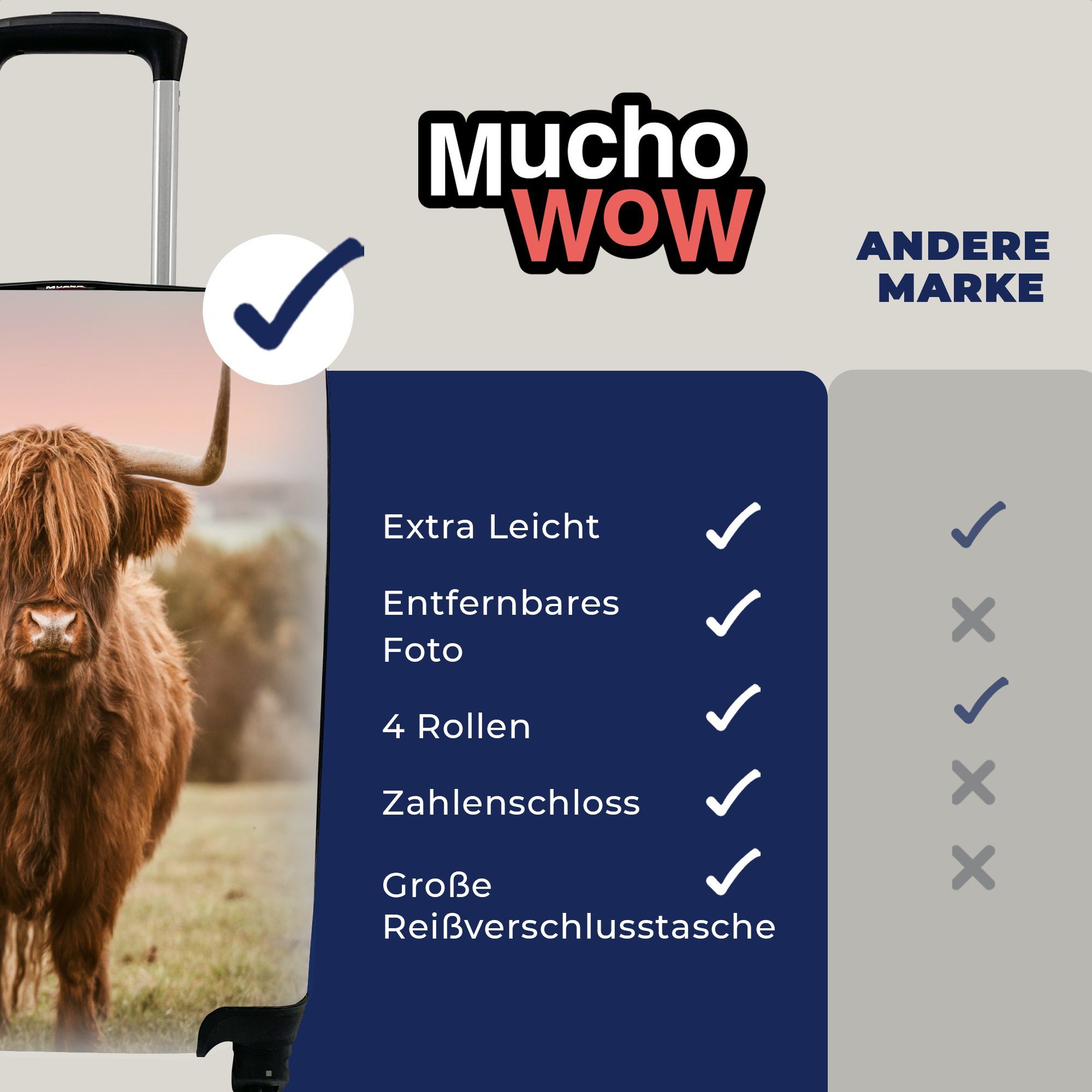 Horizont, - Reisetasche für Ferien, - Handgepäck Kuh 4 Trolley, mit Schottischer Reisekoffer MuchoWow Highlander Rollen, rollen, Handgepäckkoffer