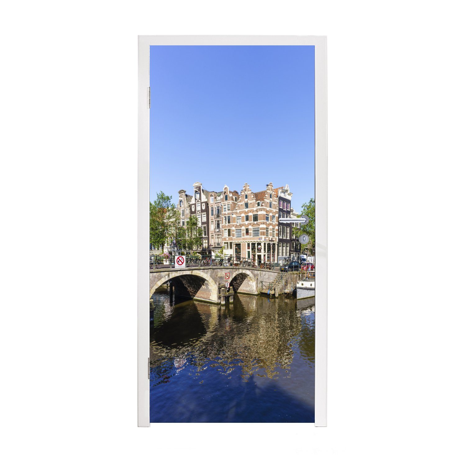 MuchoWow Türtapete Spiegelung einer Brücke in der Nähe der Brouwersgracht in Amsterdam, Matt, bedruckt, (1 St), Fototapete für Tür, Türaufkleber, 75x205 cm