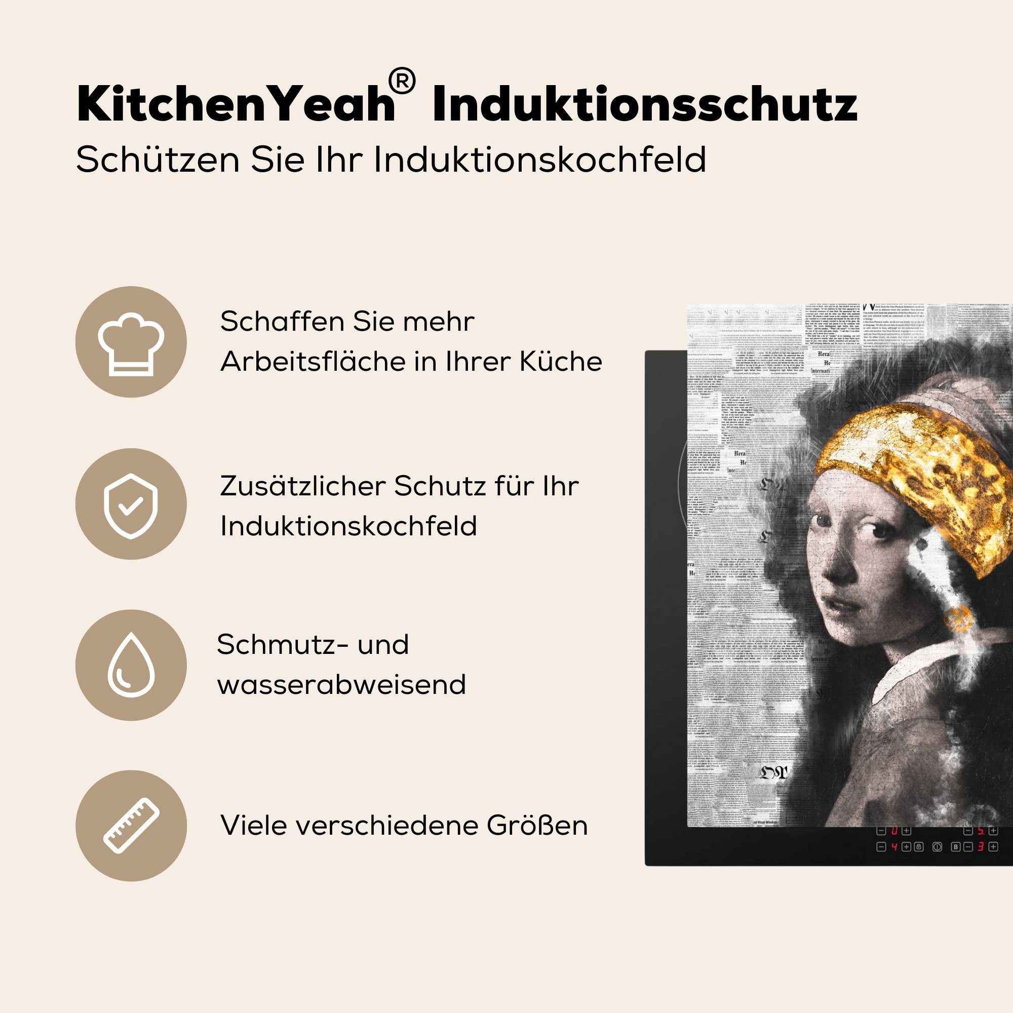 Vermeer - Perlenohrring Gold, für cm, Ceranfeldabdeckung, küche (1 Arbeitsplatte Vinyl, Herdblende-/Abdeckplatte Mädchen dem - mit 78x78 tlg), Das MuchoWow