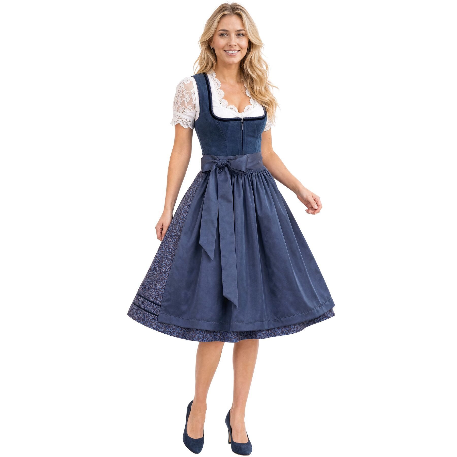 dressforfun Dirndl Elegantes Trachtenkleid aus Samt für festliche Anlässe (Dirndlkleid Laura, in Blau) mit floralem Rock und praktischen Taschen
