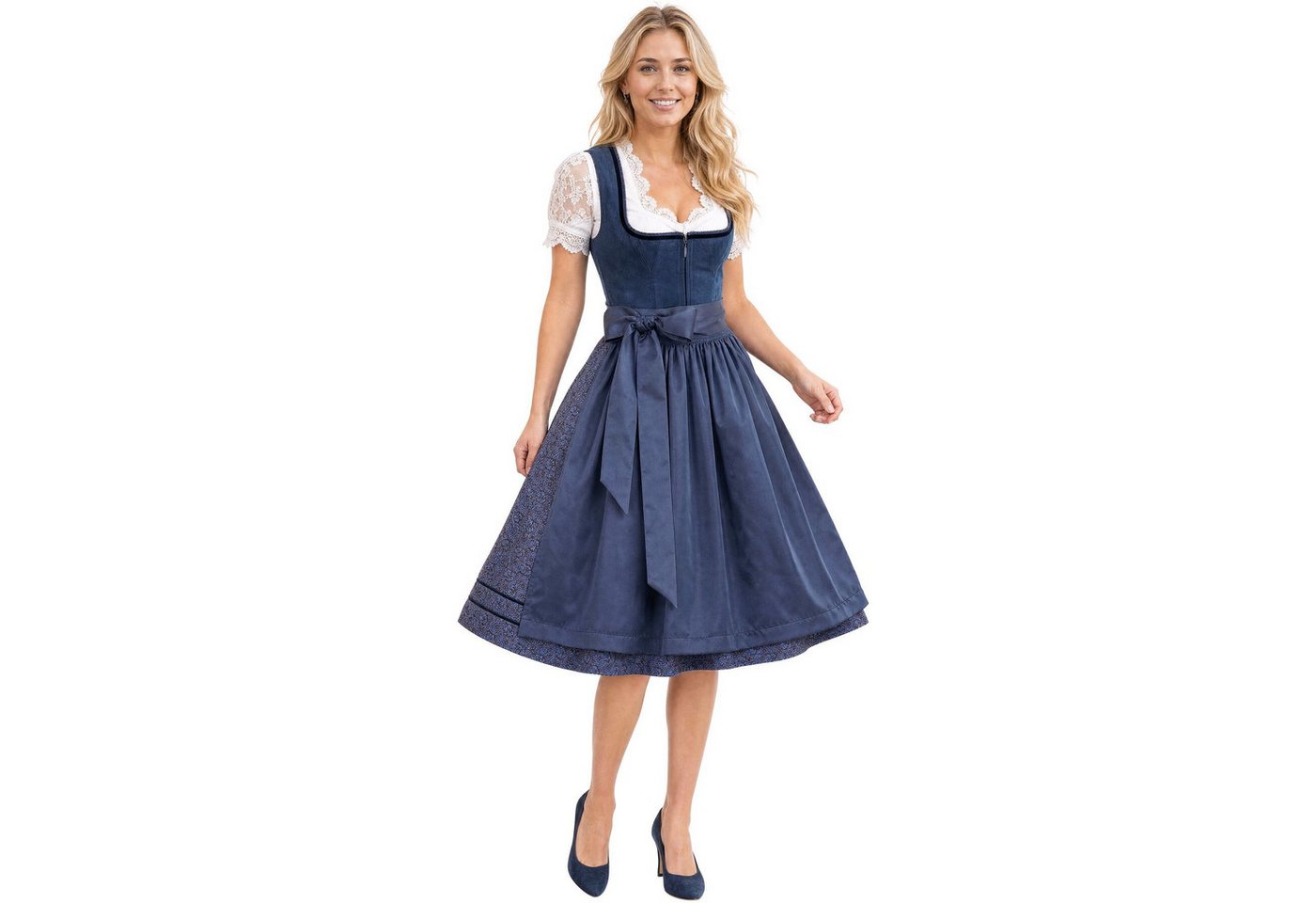 dressforfun Dirndl Elegantes Trachtenkleid aus Samt mit Spitze, ideal für Festtage (Midi Langes Dirndl Laura, in Blau) Komfortabler Schnitt für lange Tragezeiten