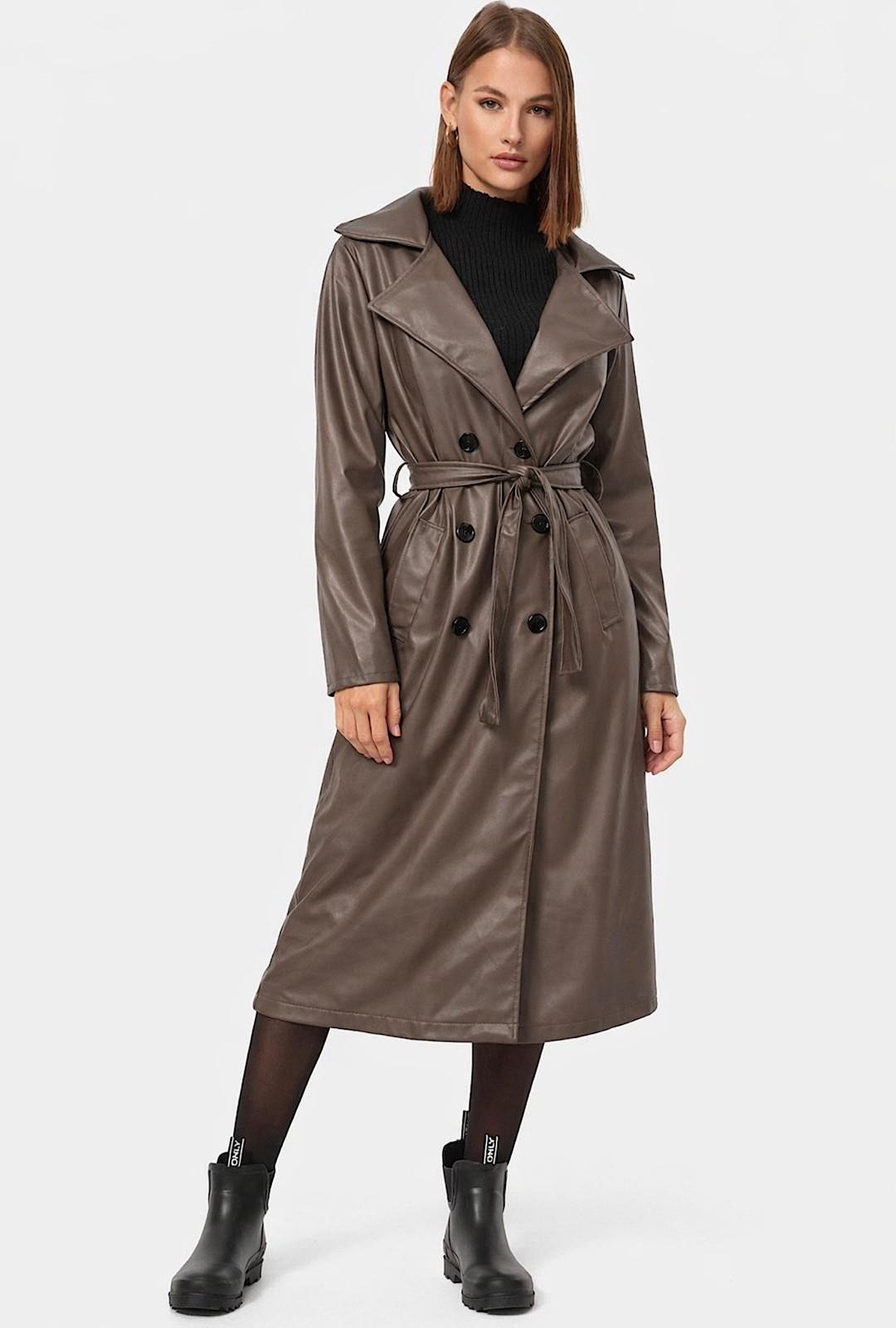 Trenchcoat Worldclassca TRENCHCOAT Kunstleder Gürtel Reverskragen Lang Mantel