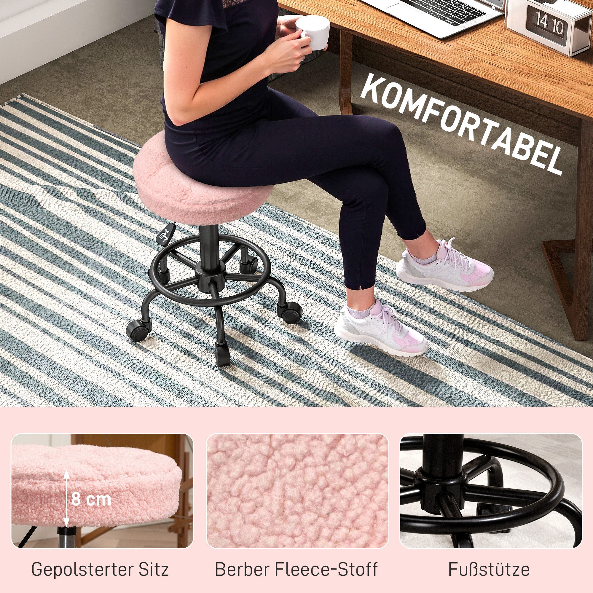 HOMCOM Rollsitz Arbeitshocker höhenverstellbar 50-66 cm 360° drehbar Hocker (Rollhocker, 1 St., Drehhocker), für Büro, Salon, Massage, Spa, Rosa – Bild 5 von 5