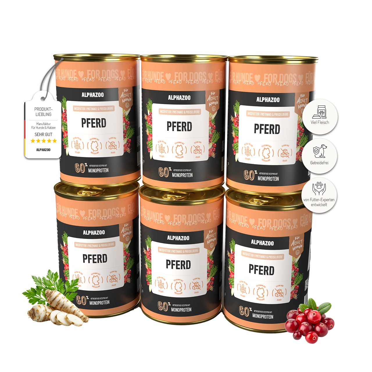 ALPHAZOO Monoprotein Pferd Nassfutter für Hunde 6x400g, getreidefreies Hundefutter für sensible Hunde, Nassfutter für: Hunde, Hypoallergenes Futter mit Single Protein Pferd