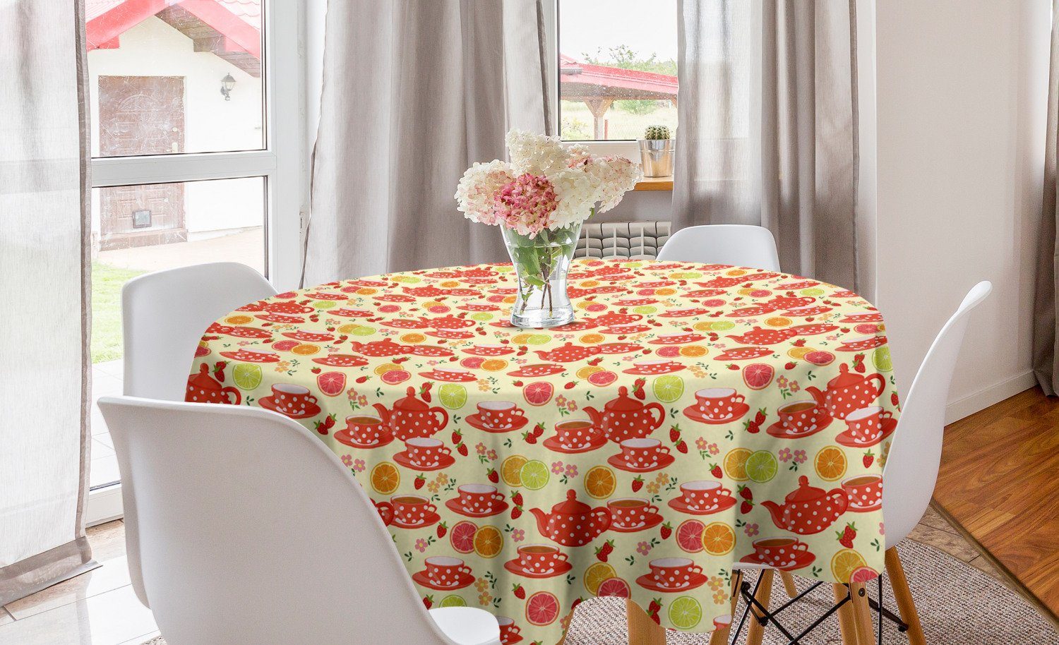Abakuhaus Tischdecke Kreis Tischdecke Abdeckung für Esszimmer Küche Dekoration, Gelb Cup mit Punkten und Früchten | Tischdecken