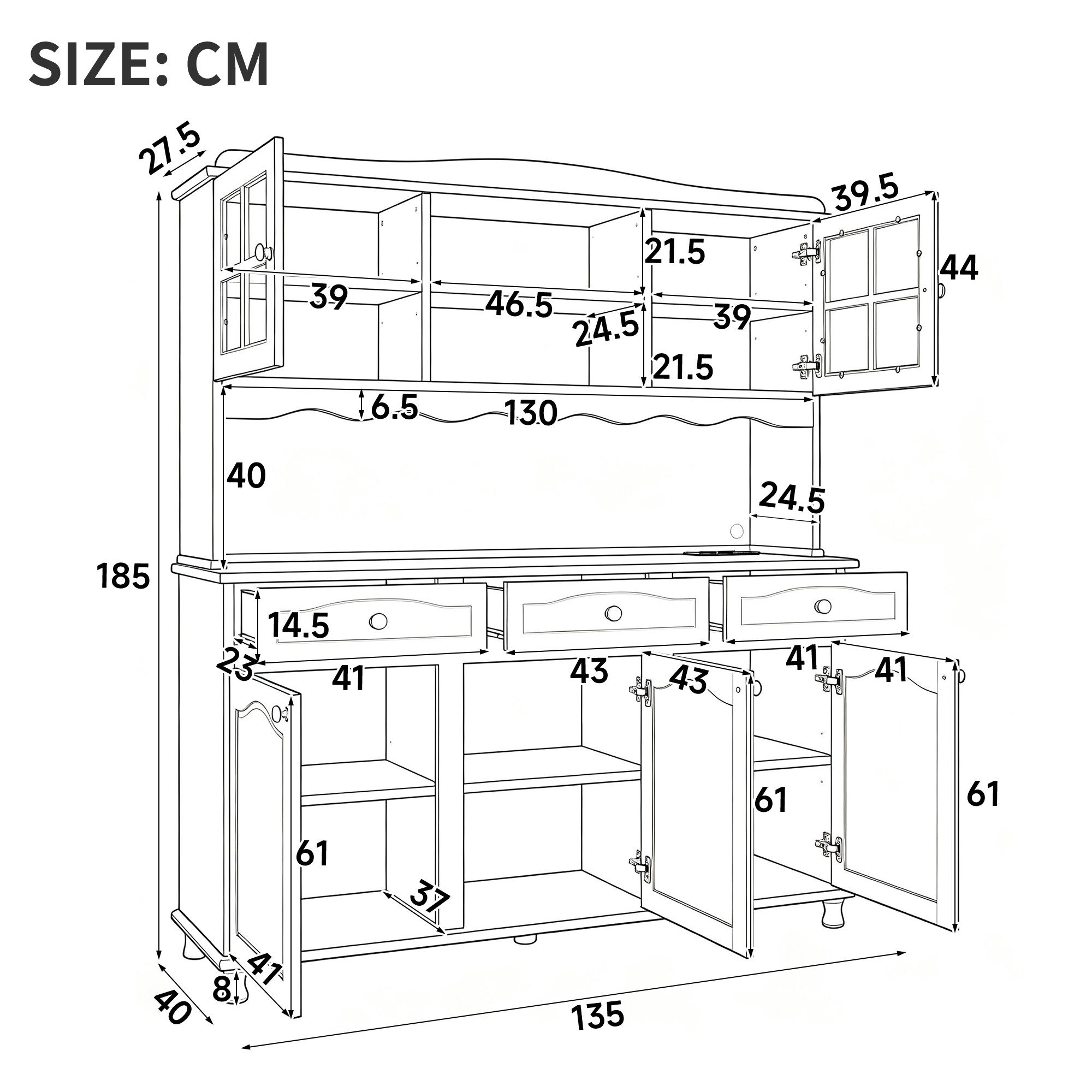 Flieks Küchenbuffet Hochschrank Glasvitrine mit Arbeitsplatte, Steckdosen, LED-Beleuchtung (B135/T40/H185 cm, 1-St., verstellbare Einlegeböden, Retro-Rohrfuß, L – Bild 5 von 5