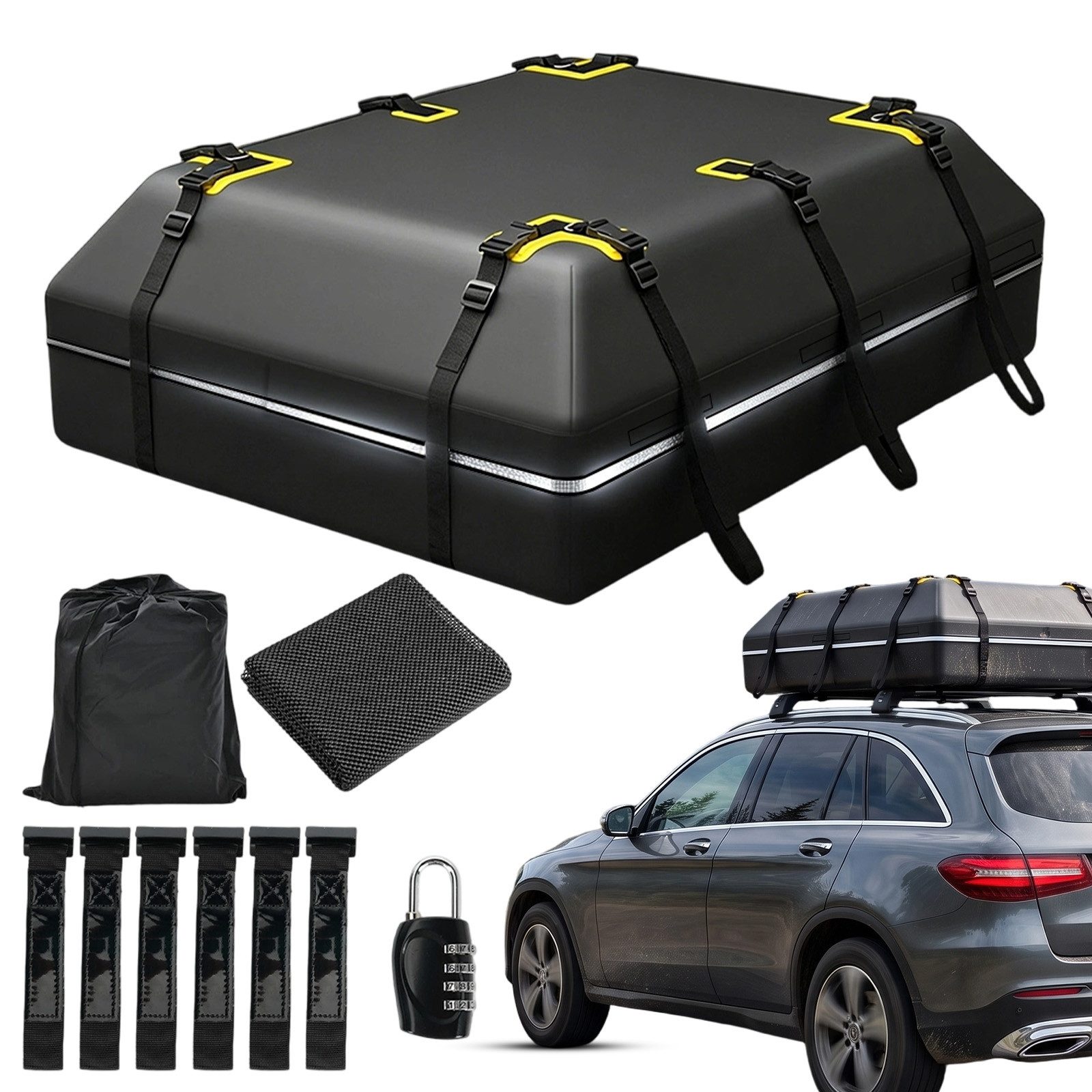 AKKEE Dachbox Auto 600L Faltbare Wasserdicht mit Schloss Türhaken Tragetasche, 132 x 100 x 43 cm
