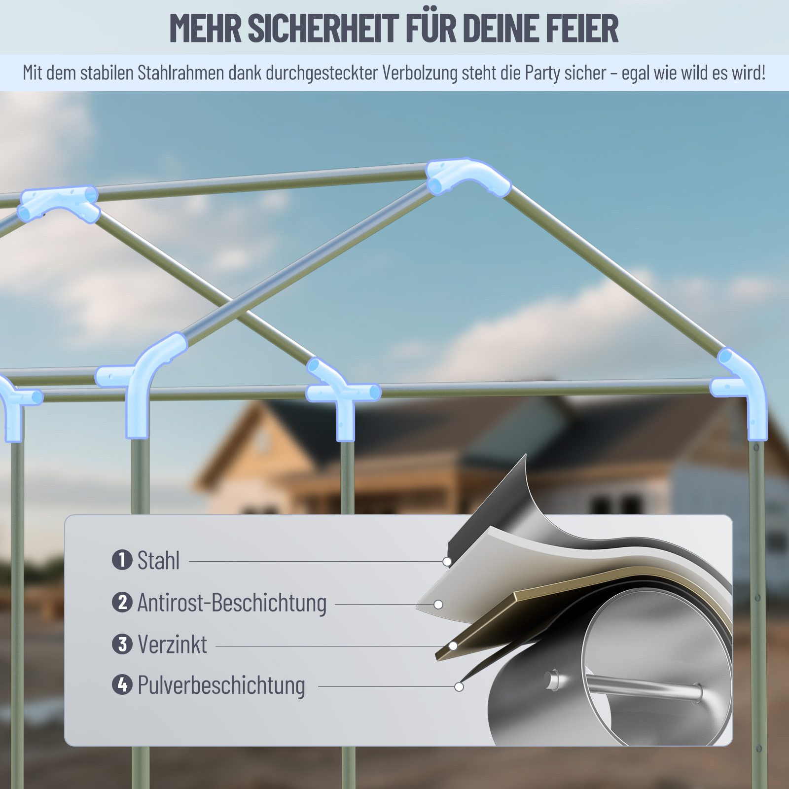 Ferghana Pavillon 3x4m Partyzelt,Carport Zeltgarage,Garagenzelt,Wasserdichtes UV, mit 4 Seitenteilen, 200g/m² PE-Dach, verzinkt, abnehmbare Seitenwände – Bild 5 von 5