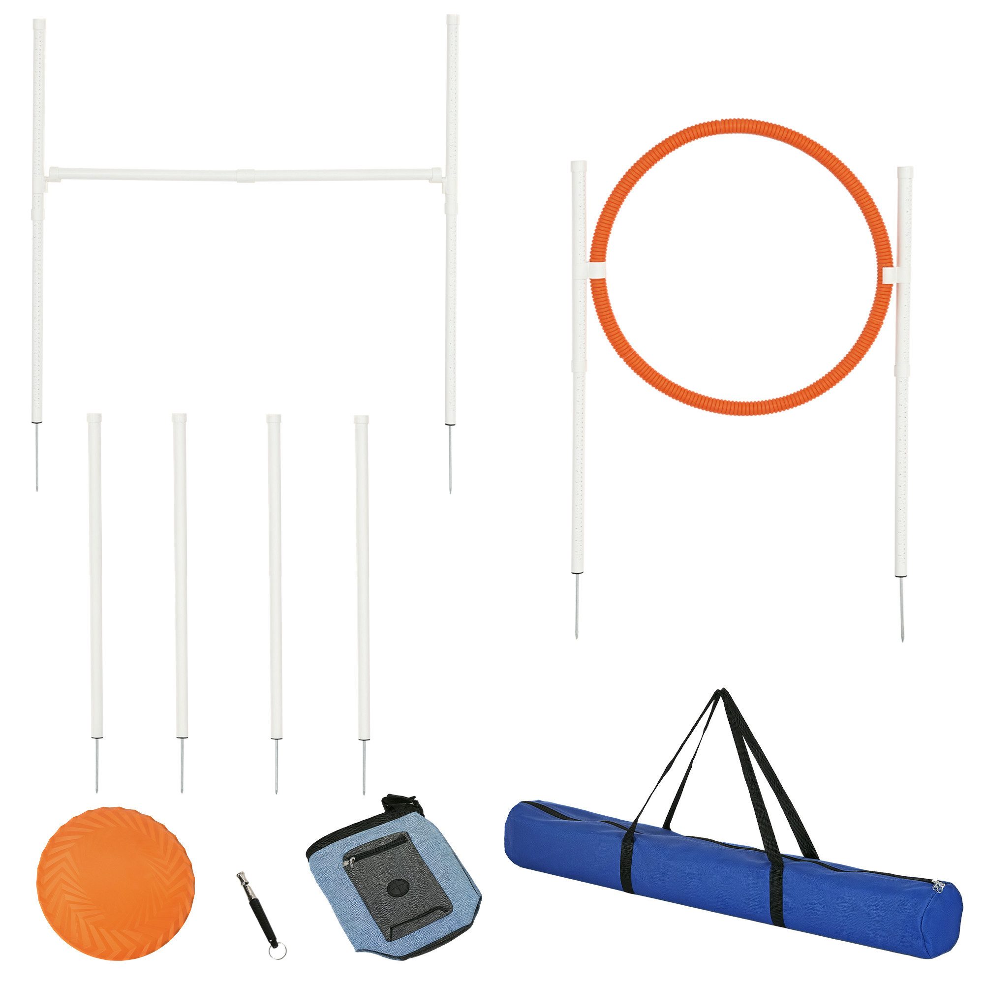 PawHut Agility-Hürde Agility Set Hunde, Futterbeutel, Sprungring, Steckhürdenset, PVC, 5er-Set Hundetraining (5-tlg) Weiß+Blau+Rot+Orange PVC