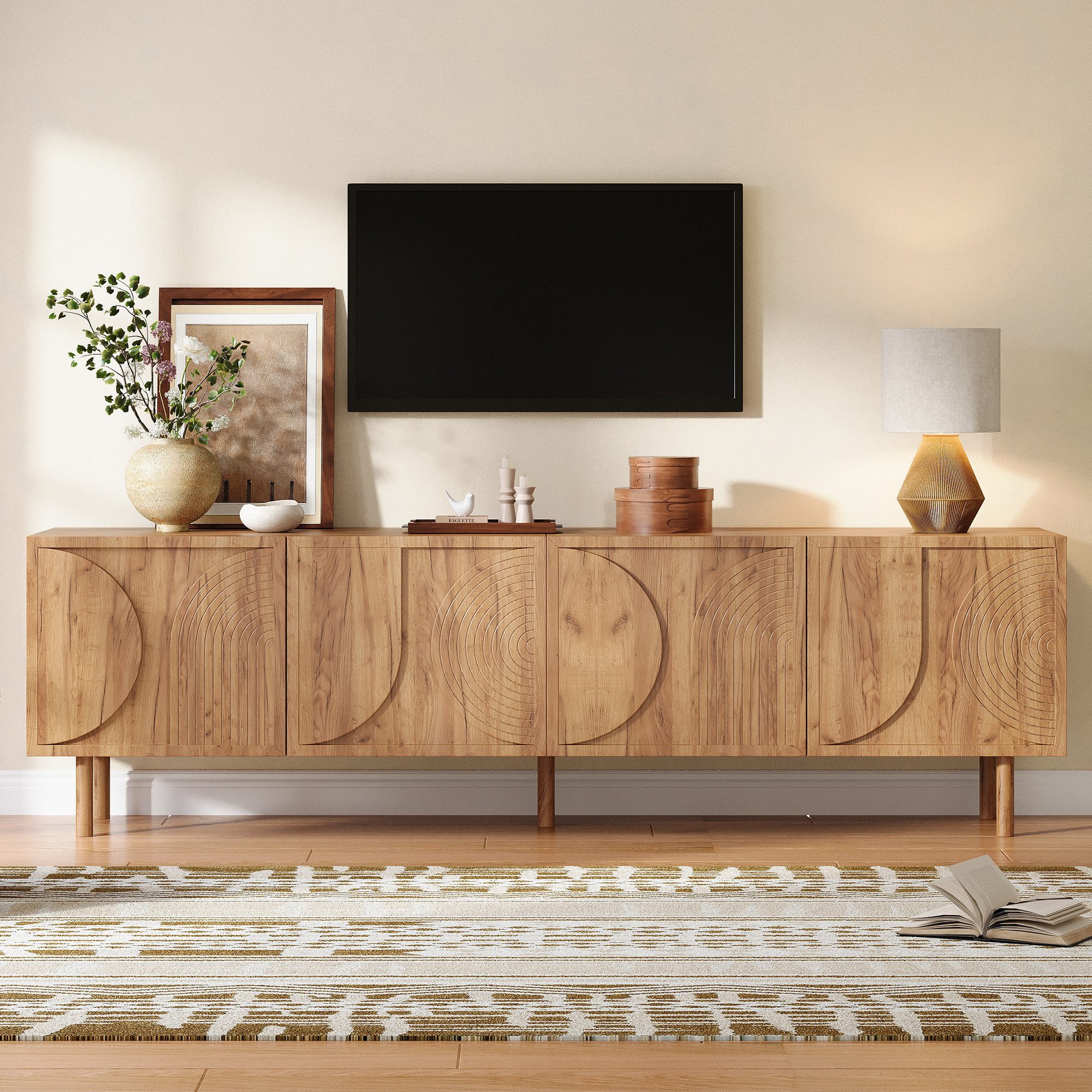 KLAM HOME Lowboard TV-Schrank Walnussholzfarbe 180cm mit 3D-Relief und Soft-Close-Türen (Modernes Lowboard mit 4 Türen, geeignet für Fernseher bis 75 Zoll), Stauraum-TV-Kommode mit Kabeldurchführung für das Wohnzimmer