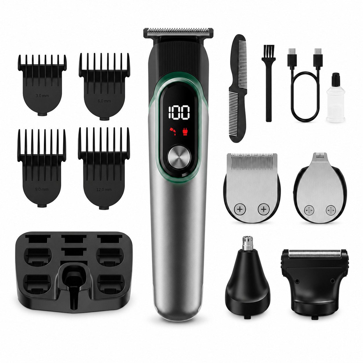 Tekoo Haarschneider Multigroomer Set 5-in-1 Haarschneider Barttrimmer Herren USB-C LED, Komplettes 15-teiliges Pflegeset, 5-in-1 System, R-förmige Sicherheitsklingen, Reisesicherung
