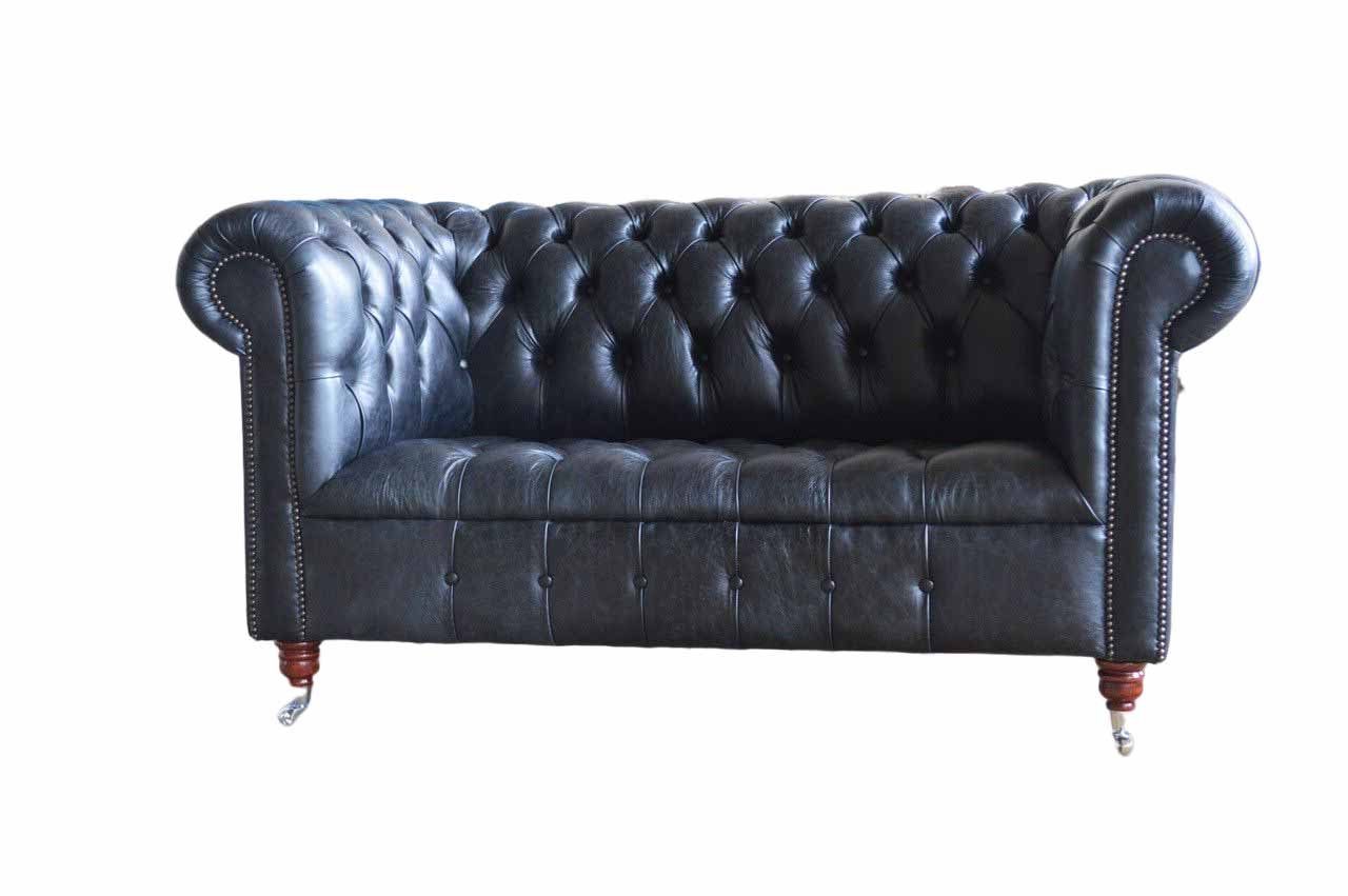 Chesterfield-Sofa Elegantes Sofa aus Kunstleder in Schwarz mit Edelstahlfüßen