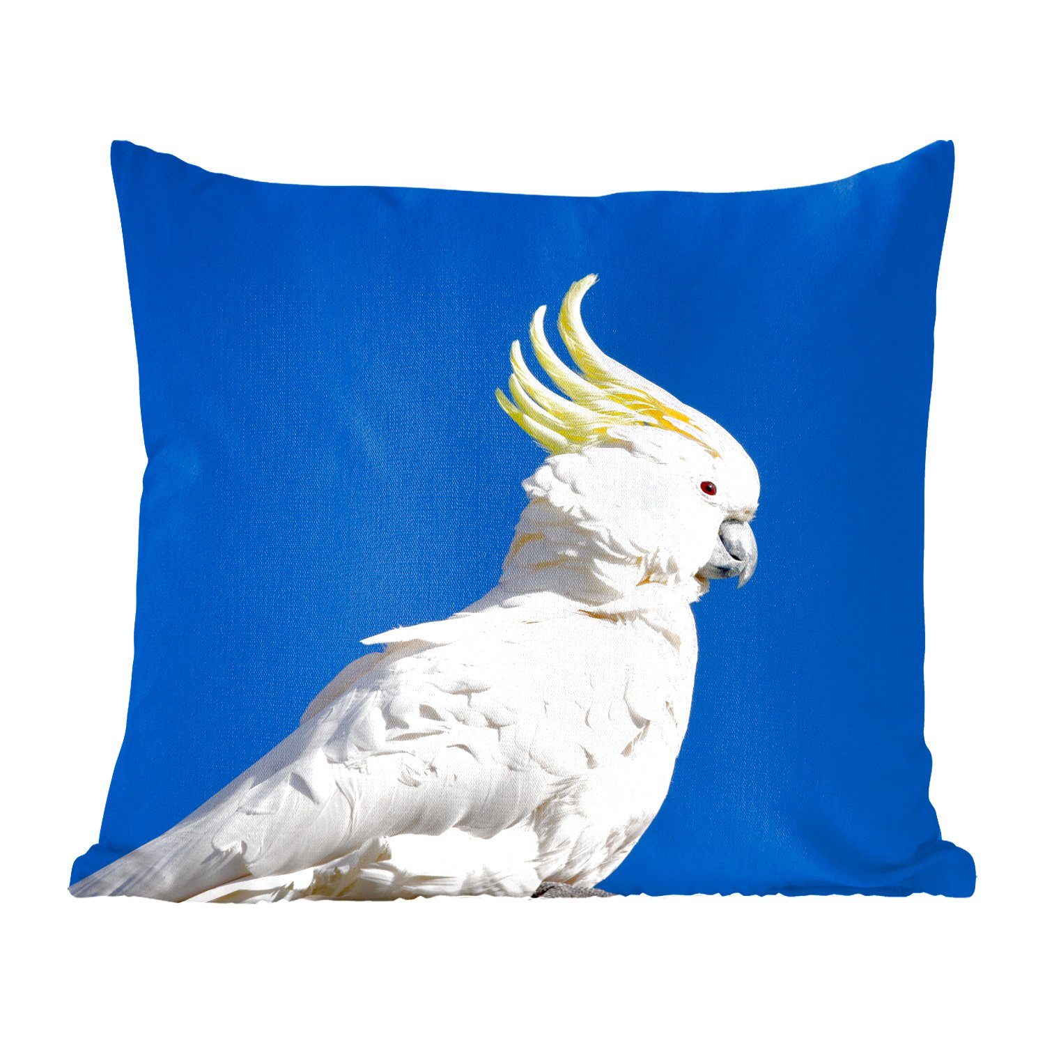 MuchoWow Dekokissen Weißer Kakadu mit gelbem Kamm vor blauem Himmel, Zierkissen mit Füllung für Wohzimmer, Schlafzimmer, Deko, Sofakissen