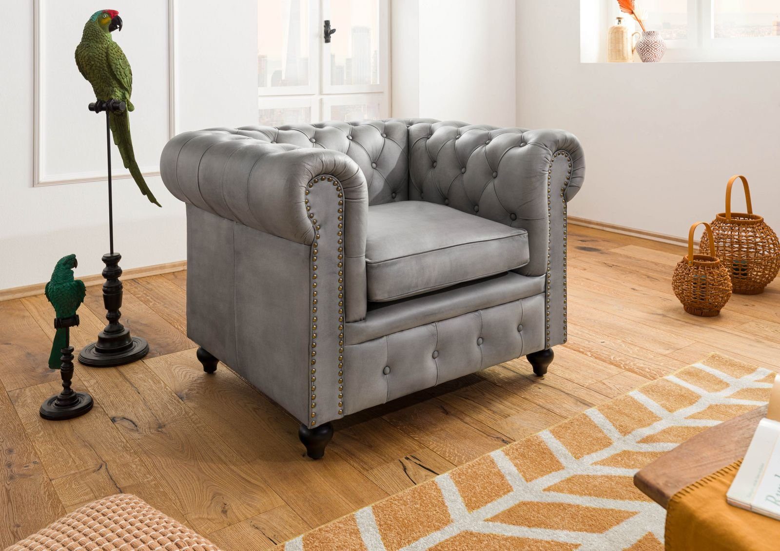 Massivmoebel24 Sessel (Sessel Echtleder 105x82x75 grau günstig online kaufen