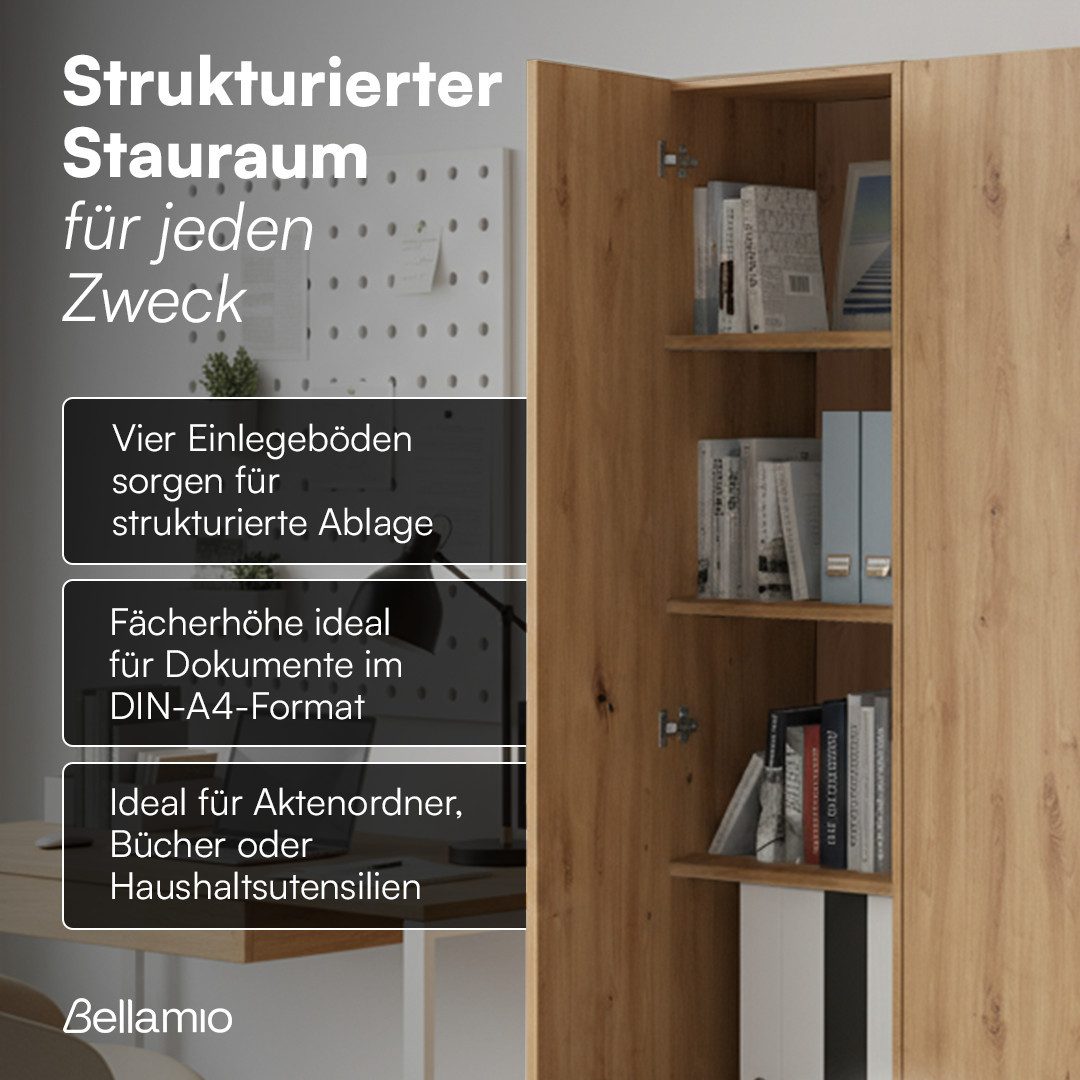 Bellamio Mehrzweckschrank Apol (Eichenoptik) schmaler Aktenschrank mit 2 Türen & 5 Fächern, robust & kratzfest