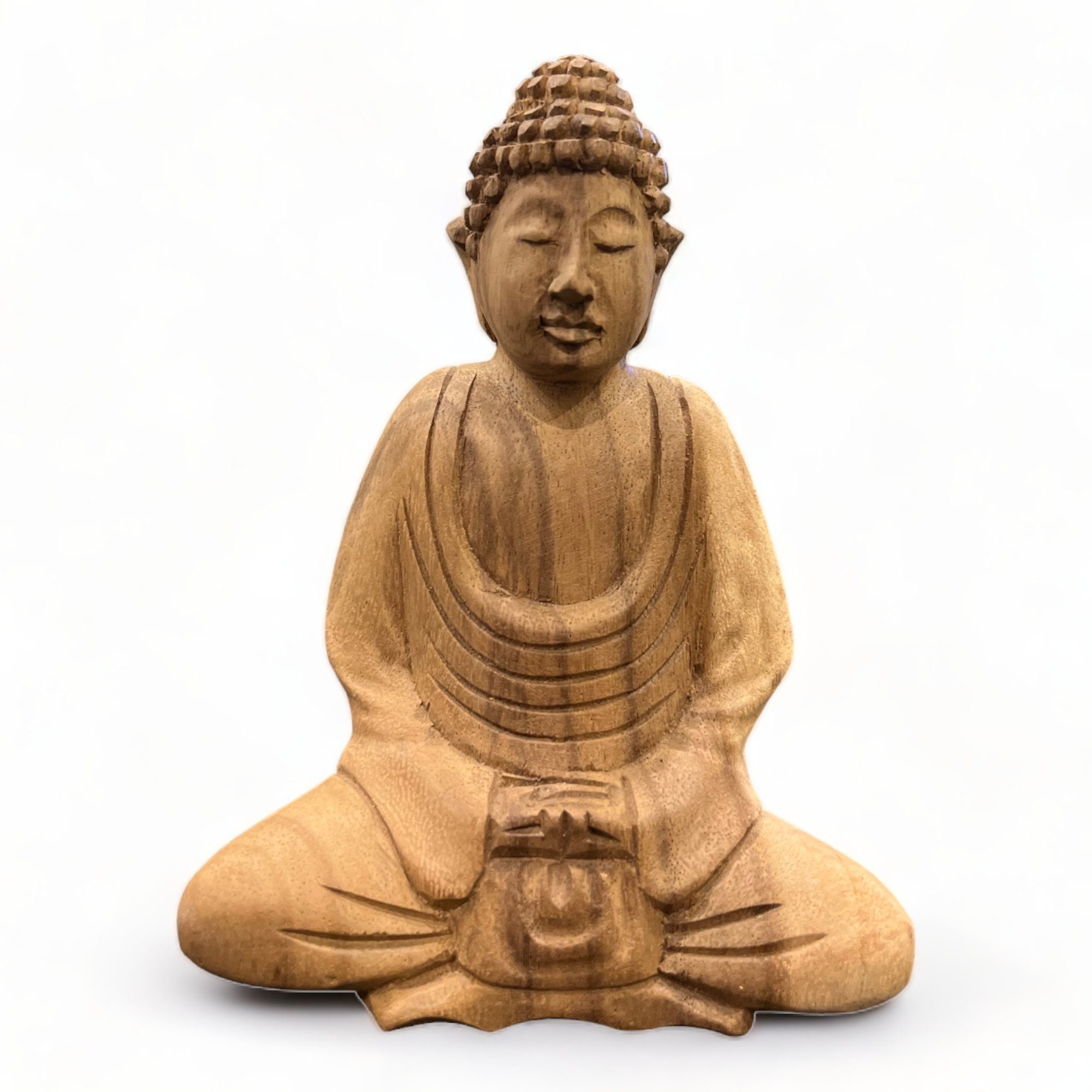 FaHome Buddhafigur Statue Teakholz - Einzigartiges Natur-Unikat (Skulptur Dekofigur Spirituell Kunstwerk - 15cm Höhe), Massiv Handgeschnitz