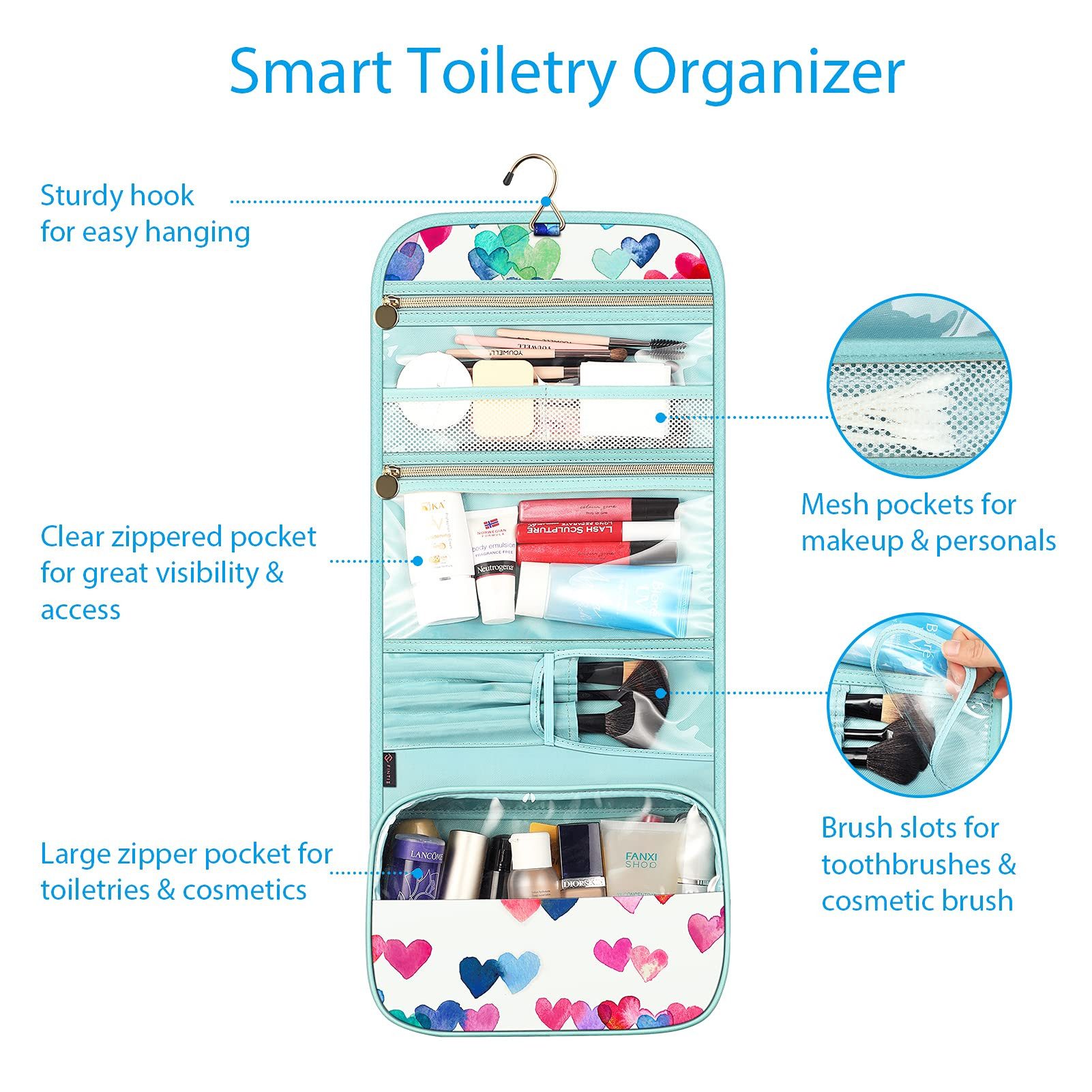 Fintie Kulturbeutel Tragbare Kulturtasche Kosmetiktasche Reisetasche, Große wasserdichte, Aufhängen Make-up Organizer Stauraum Tasche für Damen Mädchen – Bild 2 von 5