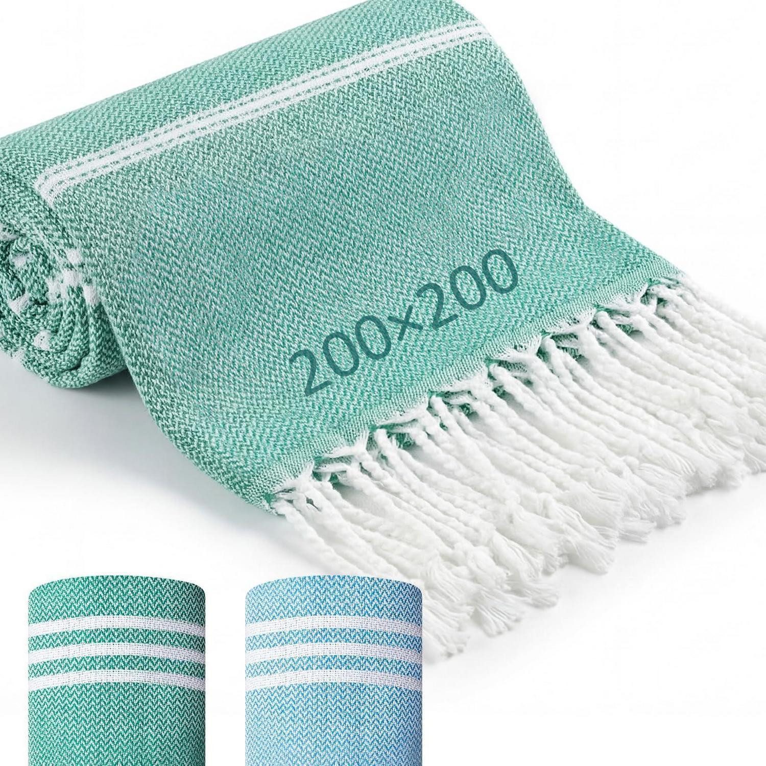 LuxusKollektion Hamamtuch Hamamtuch 2er Set 200x200cm Blau Grün, (2-St)