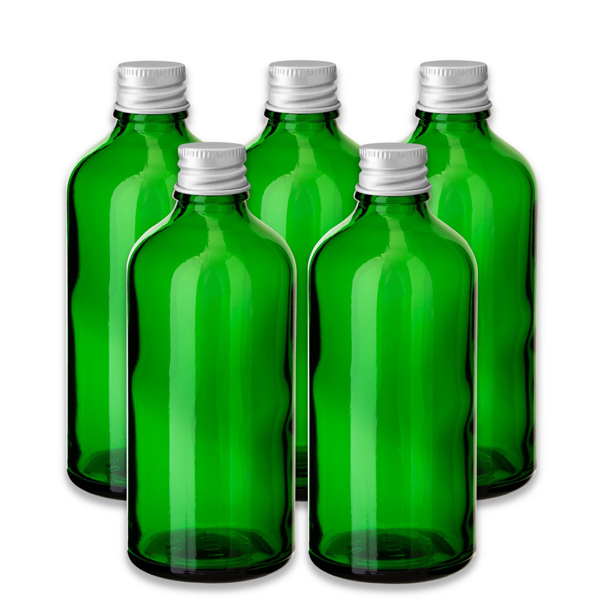 CK Verpackung GmbH Leerglas 5x Grüne Glasflasche 100 ml mit silbernem Aluminium-Schraubverschluss (Set x5)
