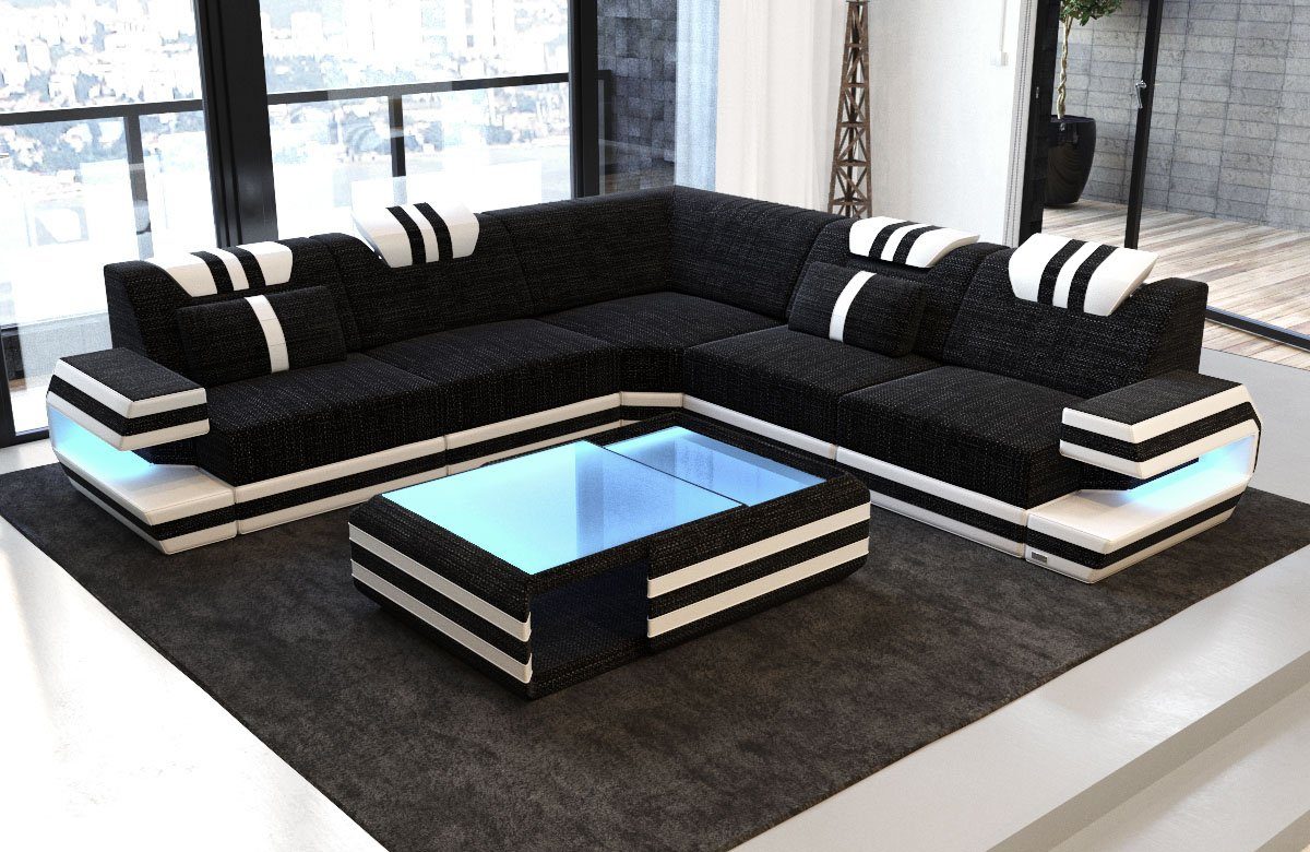 L Polster Stoffsofa, Form Couch H Designer Sofa Dreams Ragusa dunkelgrau-weiß wahlweise Stoff Hocker Sofa mit Ecksofa Strukturstoff