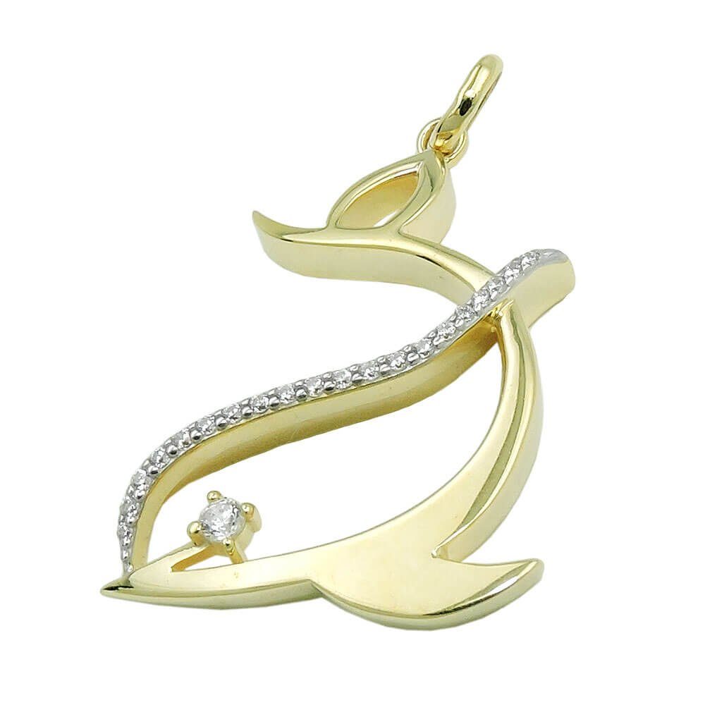 Schmuck Krone Kettenanhänger Anhänger stilisierter Delfin 25x20mm mit Zirkonias 375 Gold Gelbgold glänzend, Gold 375