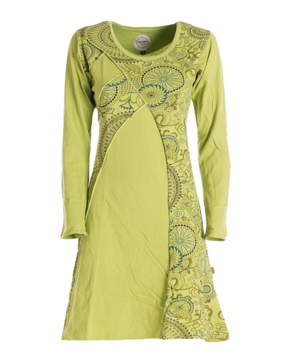 hellgrün Hippie, Ethno, Blumenkleid Baumwollkleid Mandala Damen Langarm Vishes Style Elfen Jerseykleid Rundhals Kleid
