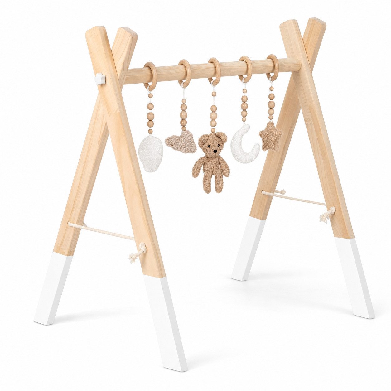 Zayno Baby Gym Holz-Spielbogen mit 5 Spielelementen – Natur/Weiß