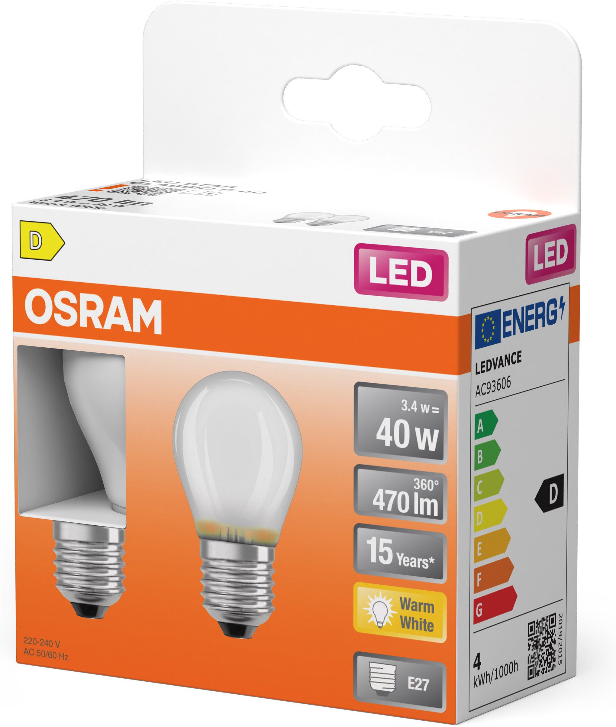 Osram LED-Leuchtmittel LED-Lampe Star Miniballform P40, E27, 2 St., Warmweiß