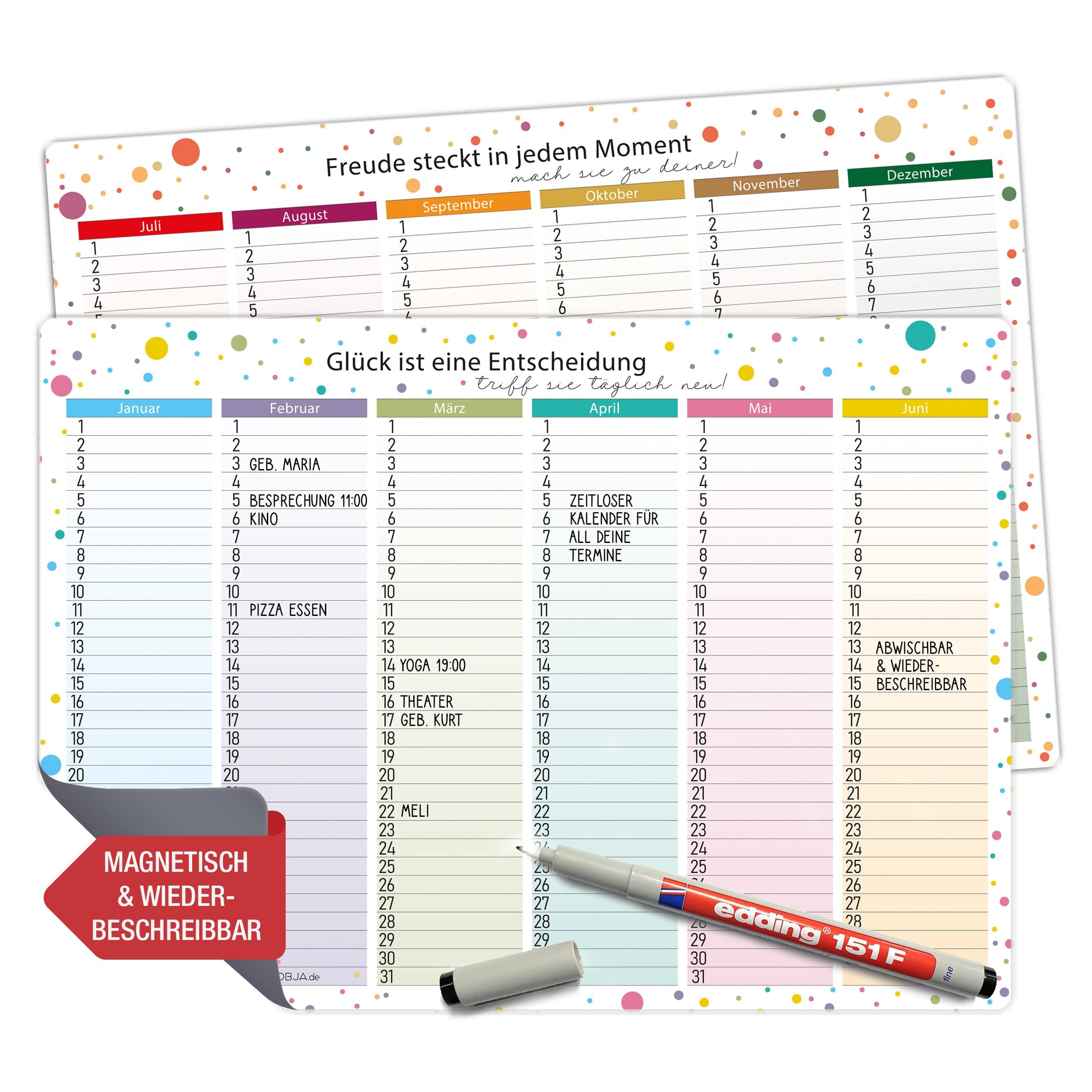 TOBJA Geburtstagskalender 2x A4 Immerwährender Календарі magnetisch abwischbar inkl. Stift, Jahresunabhängig Geburtstagskalender wiederverwendbar +edding