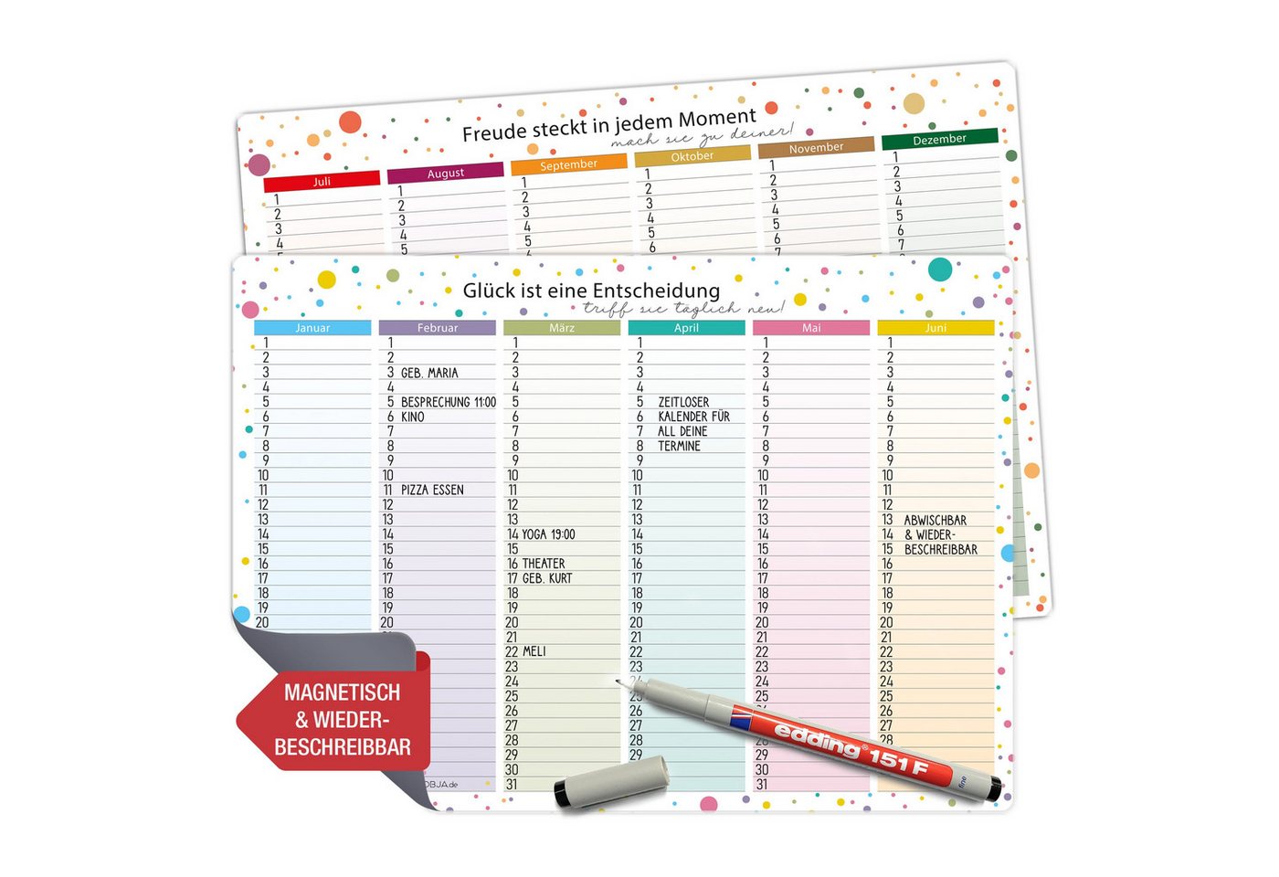 TOBJA Geburtstagskalender 2x A4 Immerwährender Kalender magnetisch abwischbar inkl. Stift, Jahresunabhängig Geburtstagskalender wiederverwendbar +edding
