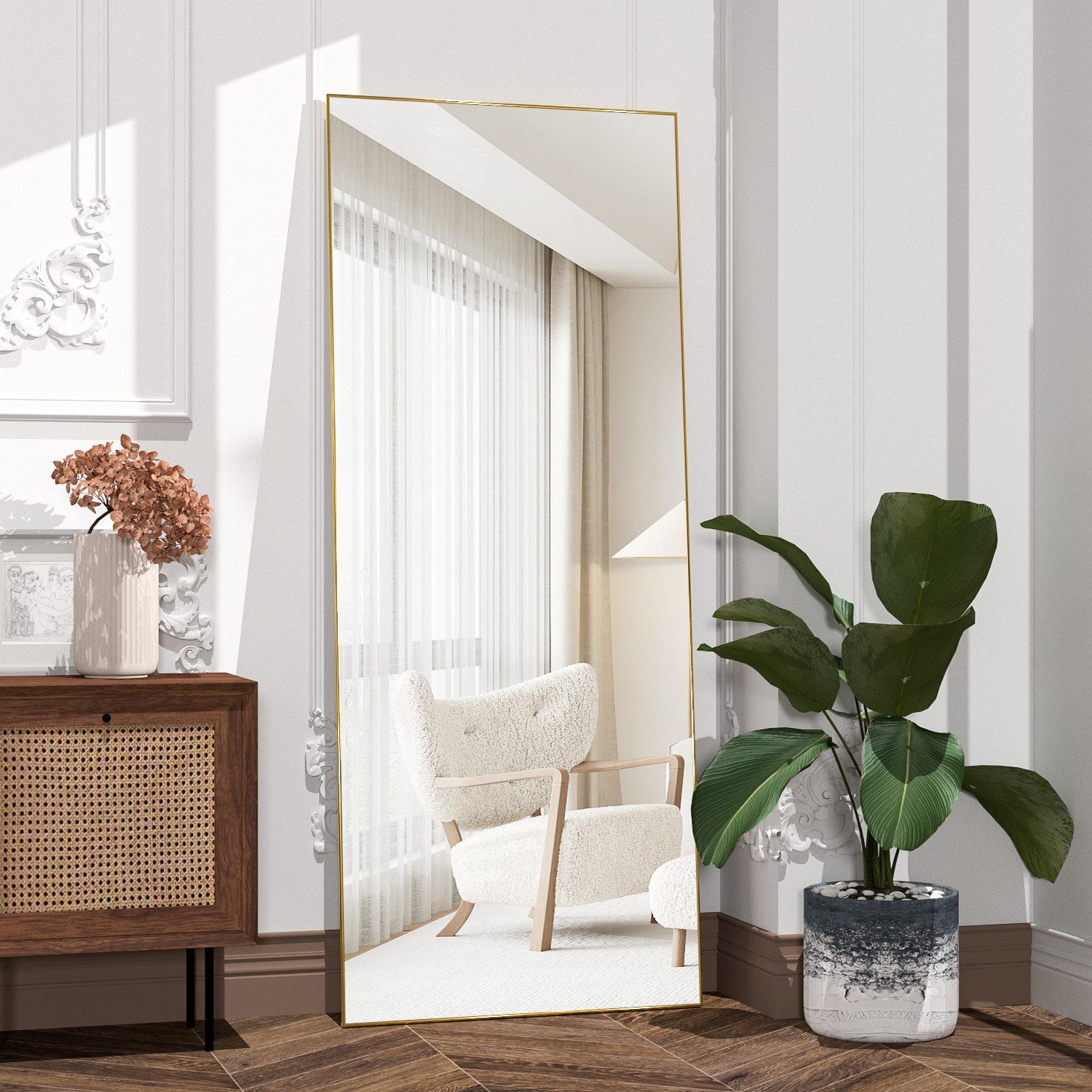 Elemango Ganzkörperspiegel 165x60cm, stehender Spiegel, großer Boden-Spiegel, mit Alu-Rahmen (Packung, Ganzkörperspiegel Rec), Ganzkörperspiegel mit Rahmen,Wand – Bild 5 von 5