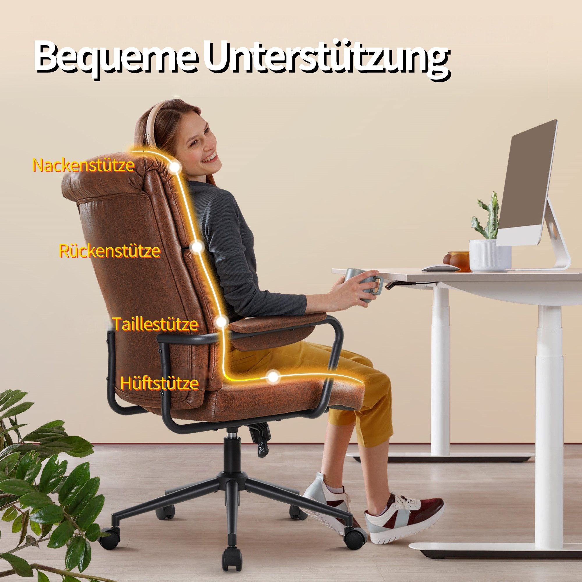 IWMH Bürostuhl Ergonomischer Chefsessel, Retro PU-Leder Drehstuhl, Schreibtischstuhl mit Lendenwirbelstütze Höhenverstellbar Gaming Stuhl – Bild 4 von 5