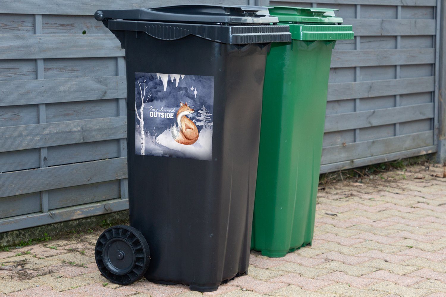 Container, - Winter Sticker, Mülltonne, - MuchoWow Abfalbehälter Mülleimer-aufkleber, Fuchs Gemälde (1 St), Wandsticker