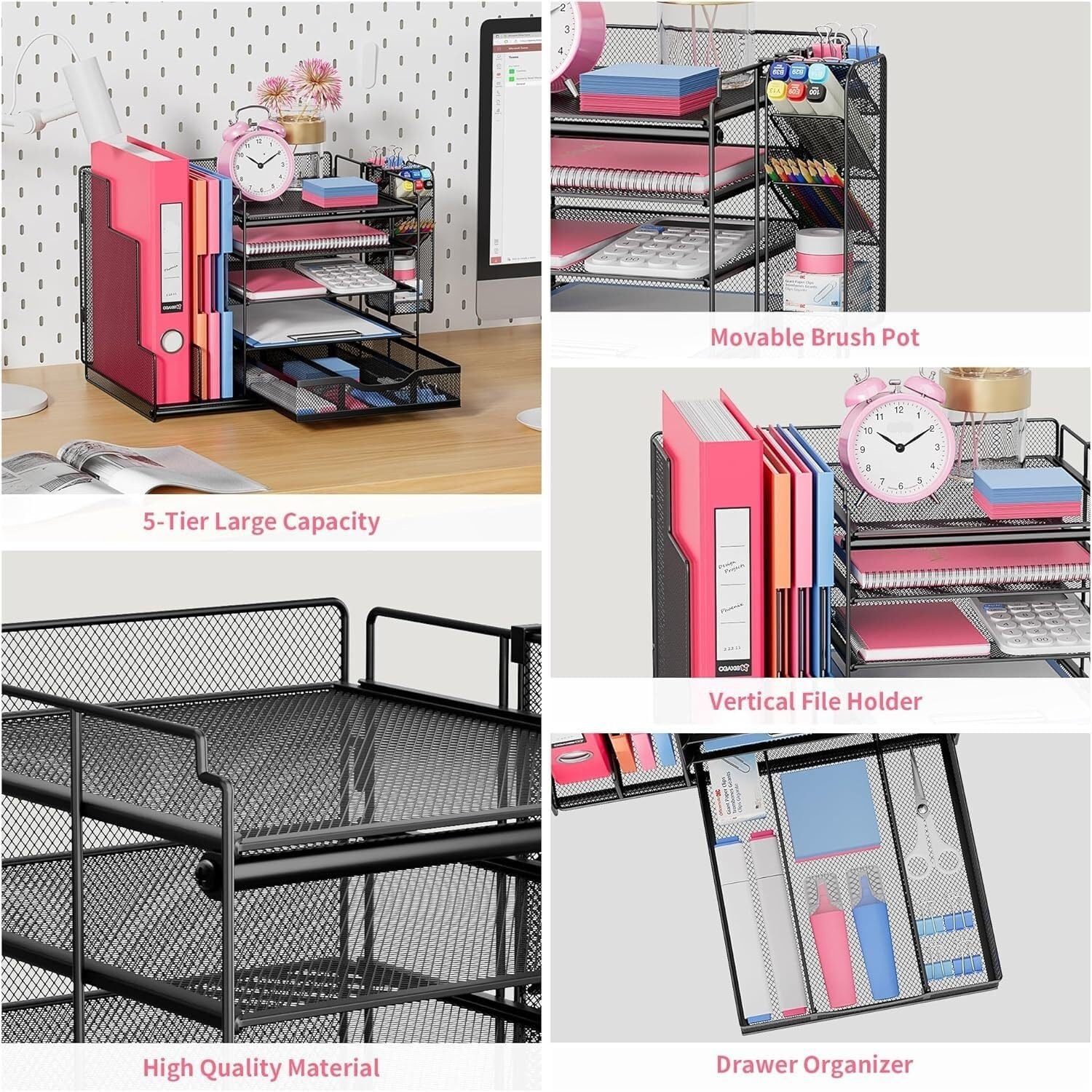 Refined Living Organizer Schreibtisch Organizer mit Aktenhalter, Büro Organizer, mit 5 Fächern (5-stufiger Papier Organizer mit Schublade und Stifthalter, Mesh  – Bild 4 von 5