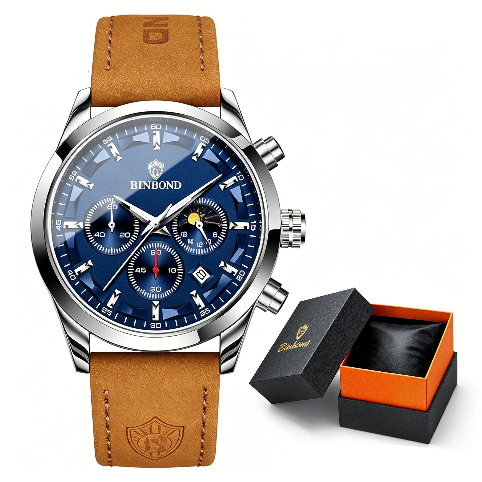 Fyrove Quarzuhr Herrenuhr Chronograph 42 mm mit Lederarmband, Datum, Leuchtzeigern, (Mineralglas, Quarzwerk, 3 ATM), analoge Armbanduhr für Business & Freizeit